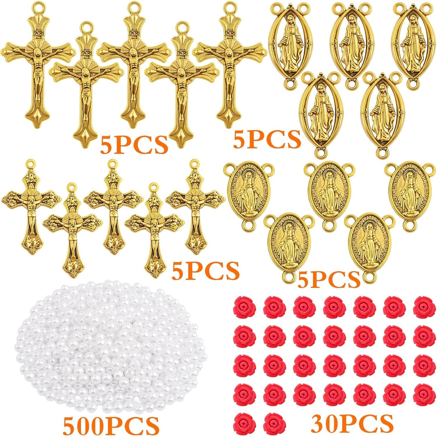 10pcs Antique Golden Jesus Cross Charms, 10pcs Virgin Mary Pendant Links, 30pcs Cinnabar Red Rose Beads and 500pcs White Pearls Kit for DIY Rosary Necklace Crafts Jewelry Making