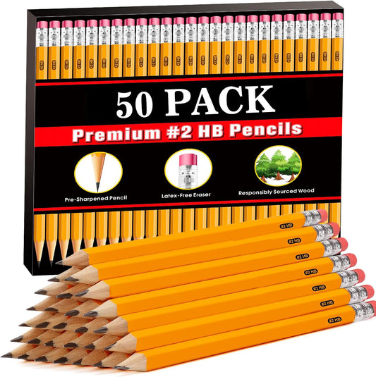 HENDEVL  Wood-Cased #2 HB Pencils, 50 Pack Bulk Yellow Pencils with Erasers, Pre-Sharpened, School Classroom Teacher Supplies for Writing, Drawing and Sketching