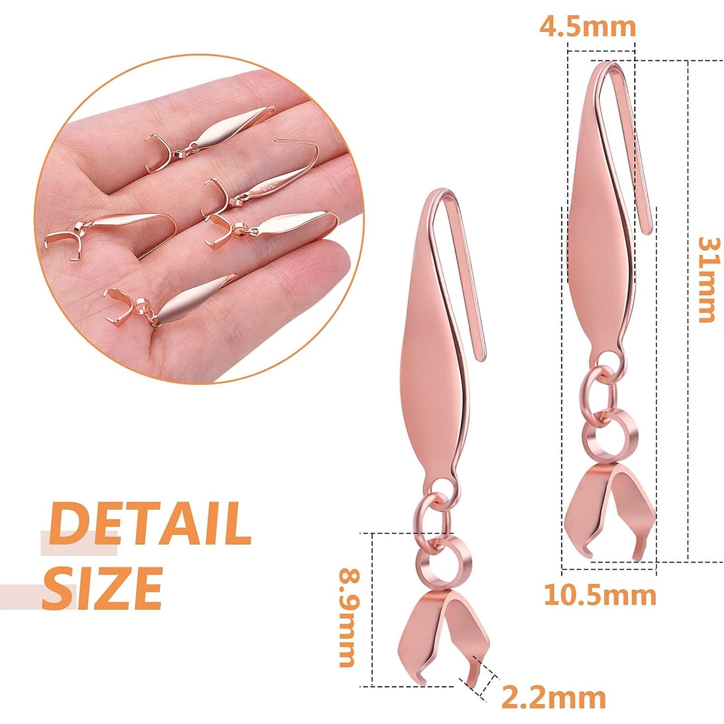 Stainless Steel Earring Hooks, 30pcs Pendant Clasp Earring Hooks Ear Wire Buckle Fish Hooks Dangle Earrings Connectors for Women Girls DIY Jewelry Making Supplies, Rose Gold