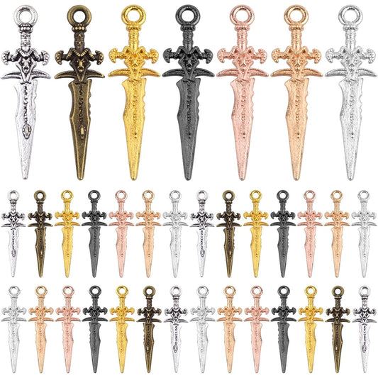 100pcs Mixed Colors Long Swords Charms Tibetan Alloy Weapon Sword Shaped Bookmarks Dangle Pendants Decorative Accessories for DIY Necklace Bracelet Jewelry Making Supplies