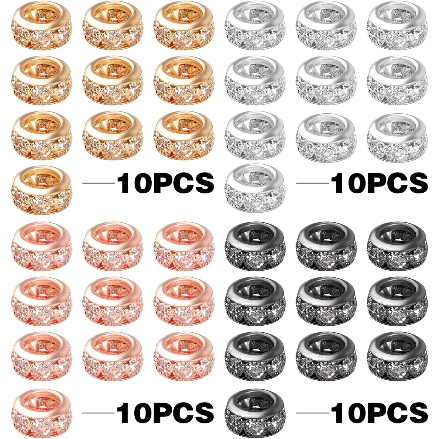 40pcs 4 Colors Crystal Rhinestone European Beads Large Hole Rondelle Spacer Beads Loose Beads for European Bracelet Snake Chain Jewelry Making Findings, 10 mm x 5 mm, Hole: 6 mm