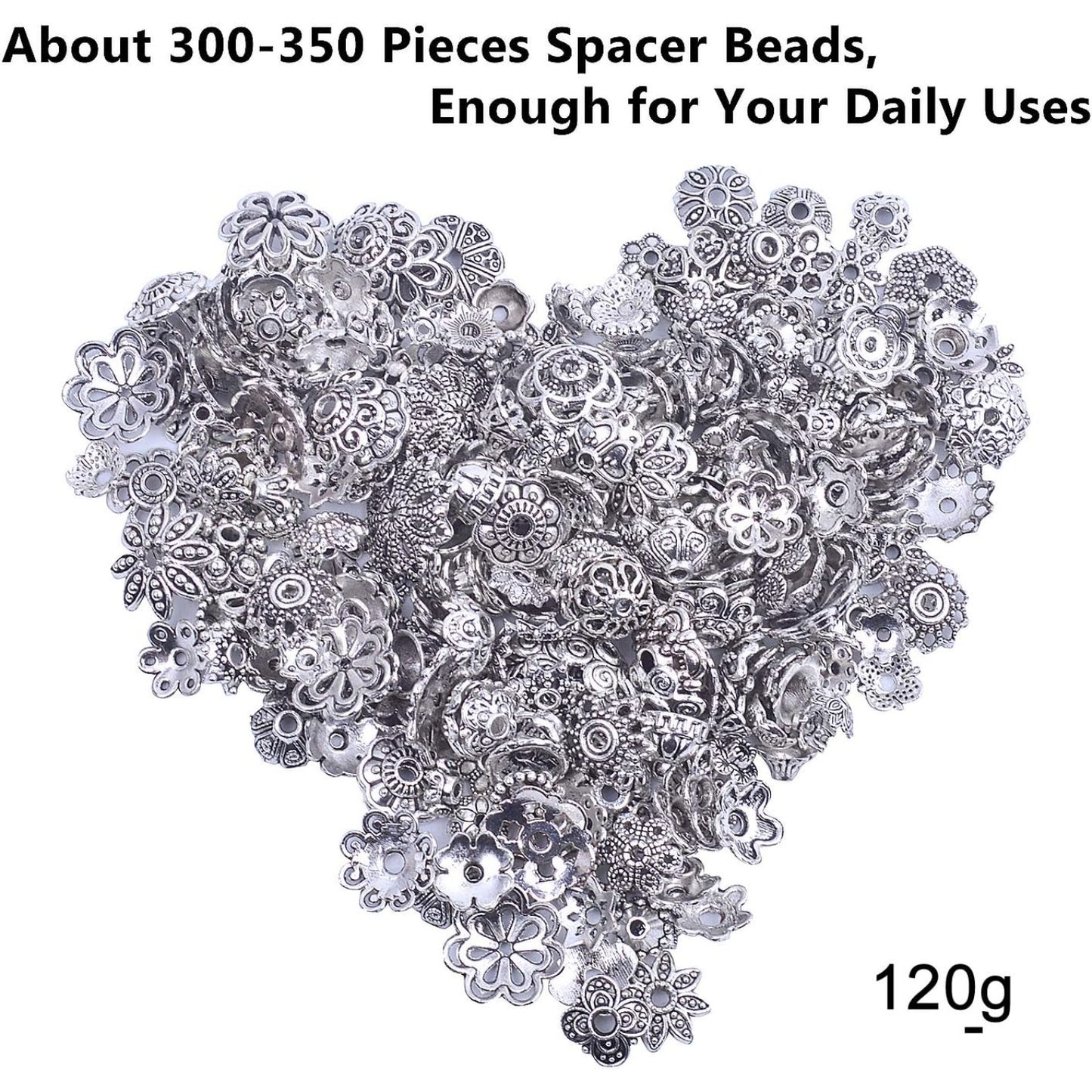 120g Bead Caps with A Clear Storage Box, Tibetan Silver Beads Spacers Jewelry Findings Accessories for Jewelry Making 300-350 Pieces