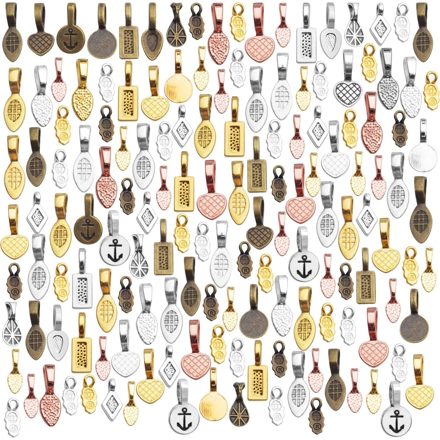 Glue on Bails, 100 Gram Mixed Tibetan Style Glue on Bails Pendants Alloy Flat Pad Bails Tag Charms Connector Hanger for Earring Necklace Jewelry Findings Crafting