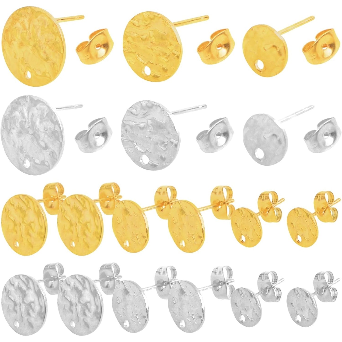 24pcs 3 Sizes Textured Blank Flat Round Stud Earring Findings Stainless Steel Earring Posts with Loop and 24pcs Butterfly Earring Backs for DIY Jewelry Making, 2 Colors