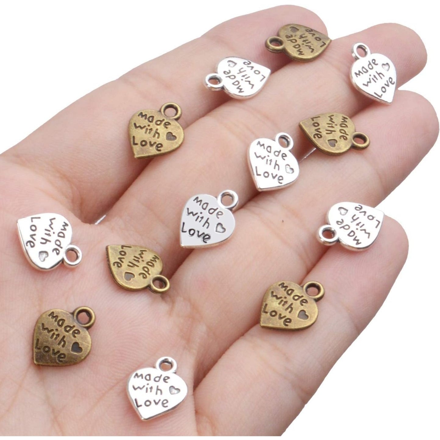 100pcs Peach Heart Shape MADE WITH LOVE Charm pendant for DIY Crafting jewelry Making(Antique Silver and Bronze)