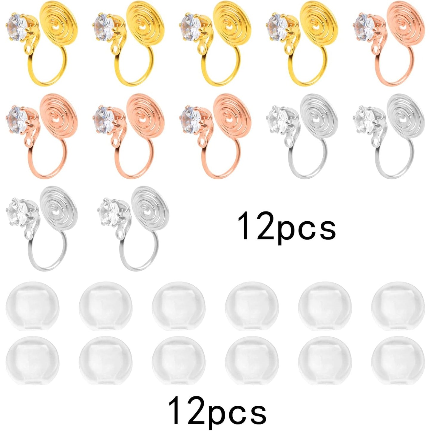 12pcs Brass Clip-on Earring Converters Mosquito Incense Shape Earring Clips with Cubic Zirconia and 12pcs Painless Earring Pads for Non-Pierced Ears DIY Jewelry Making, 3 Colors