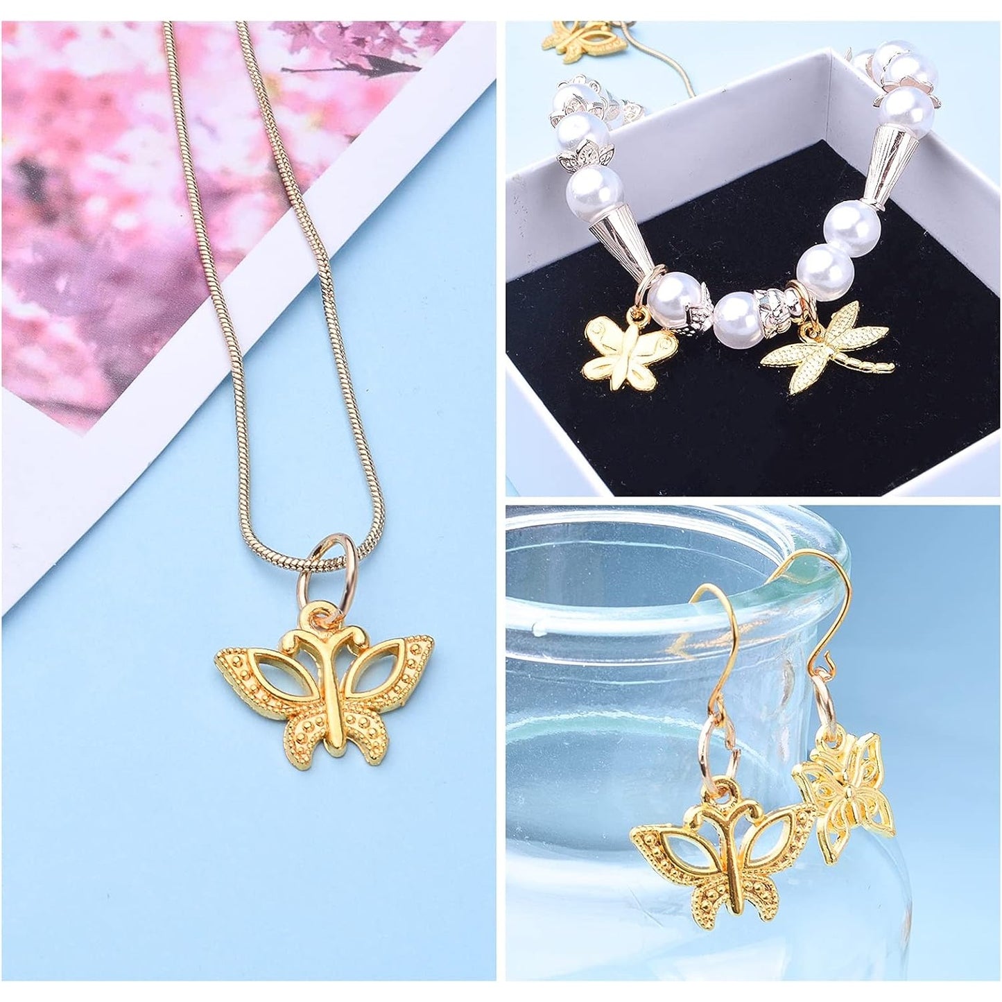 100pcs Gold Plated Mixed Butterfly Dragonfly Honeybee Charms Alloy Insect Dangle Pendants Craft Supplies for DIY Necklace Bracelet Jewelry Making Findings Accessory, 10 Styles