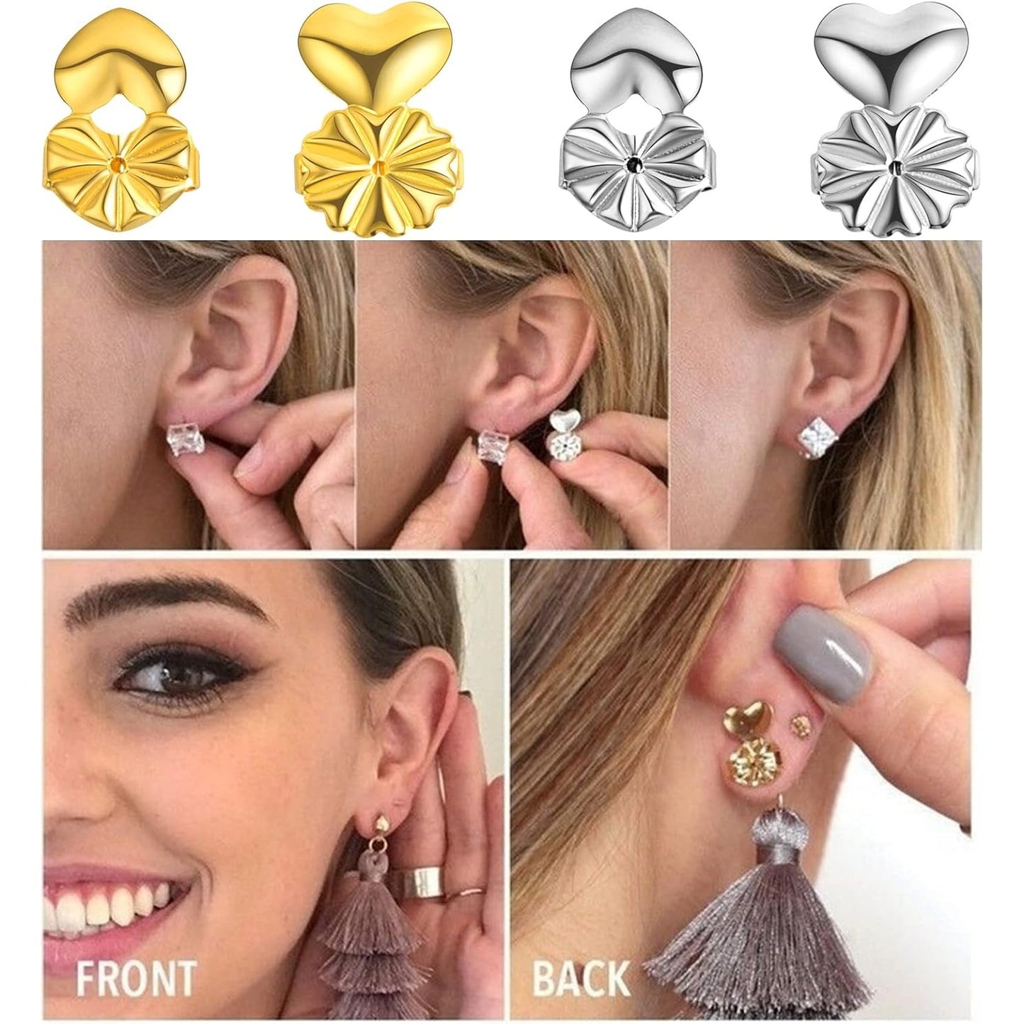 8 Pairs 2 Styles Earring Backs Lifters Hypoallergenic Brass Earring Backs Adjustable Magic Earring Secure Backs for Droopy Ears Heavy Earrings, Golden and Silver