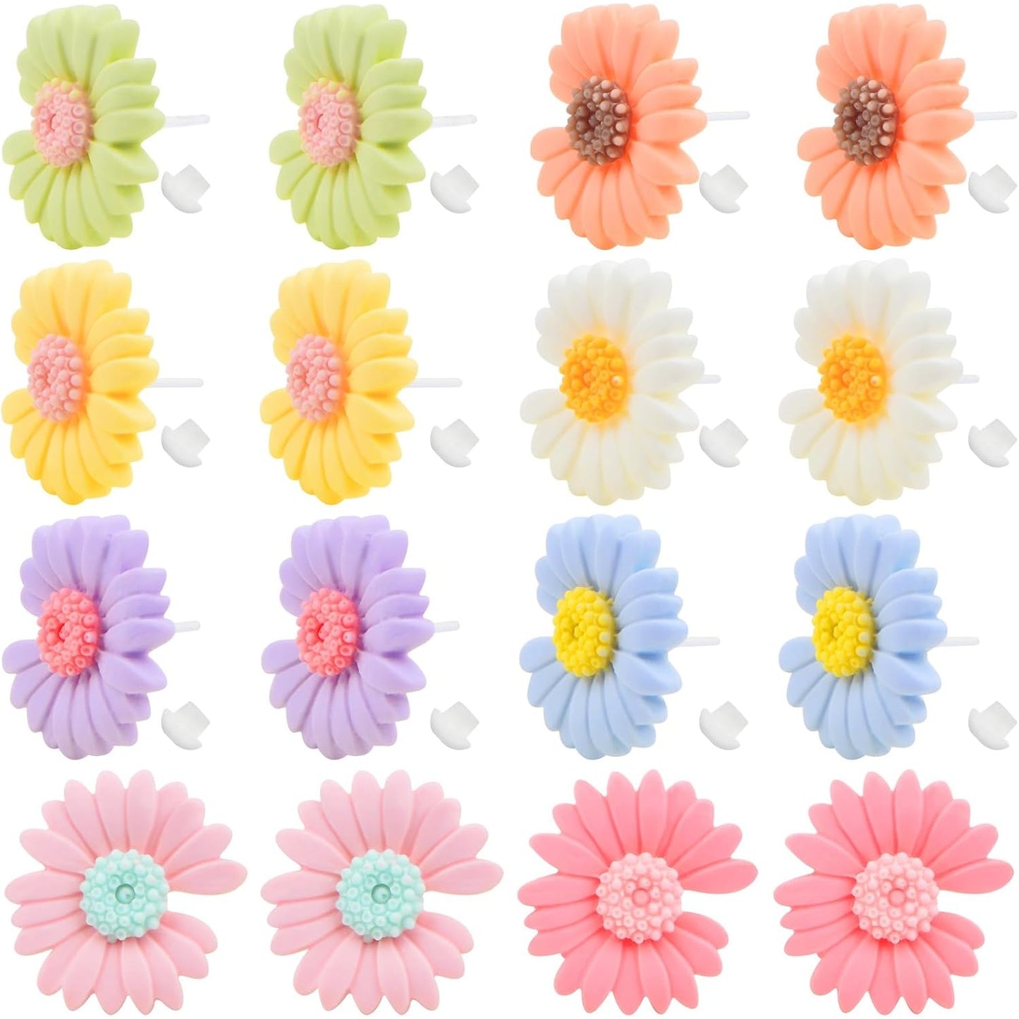 8 Pairs Sweet Resin Daisy Sunflower Stud Earrings Cute Chrysanthemum Earring Post Studs with Earring Safety Backs for Women Sensitive Ears DIY Jewelry Making, 8 Colors