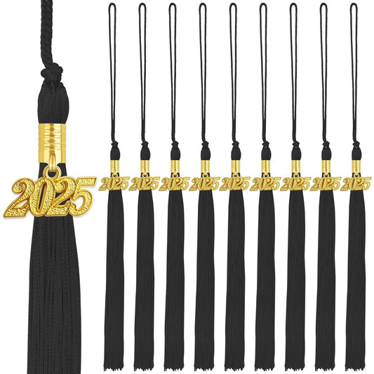 10pcs Black Graduation Tassels Academic Grad Cap Tassel Decoration with 10pcs Golden 2025 Year Charms for 2025 Graduates Graduation Ceremonies Parties Activities Souvenir