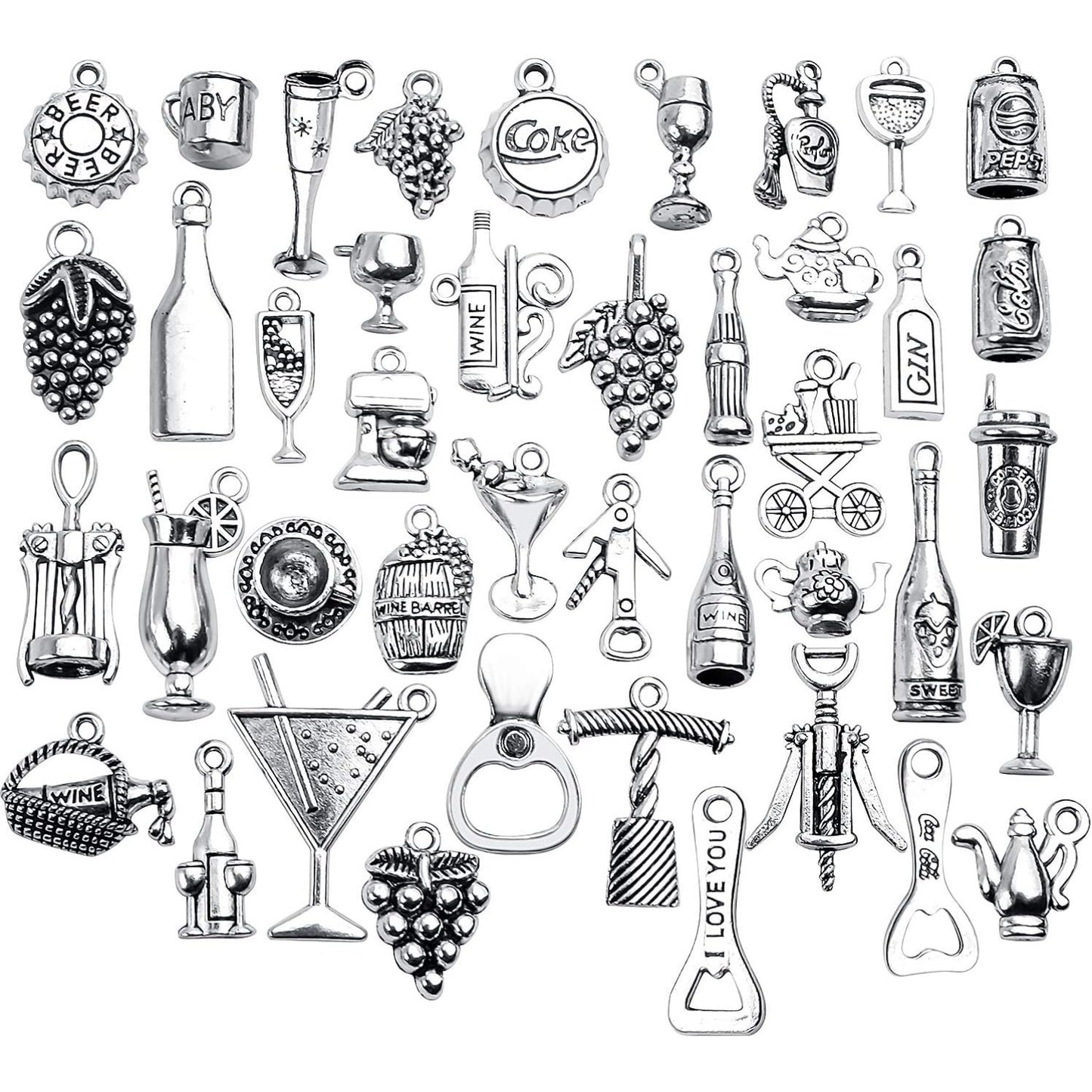 42pcs Tibetan Silver Pendants Wine Bottle Barrel Glass Opener Grape Antique Wine Charms Accessories Jewelry Findings for DIY Necklace Bracelet