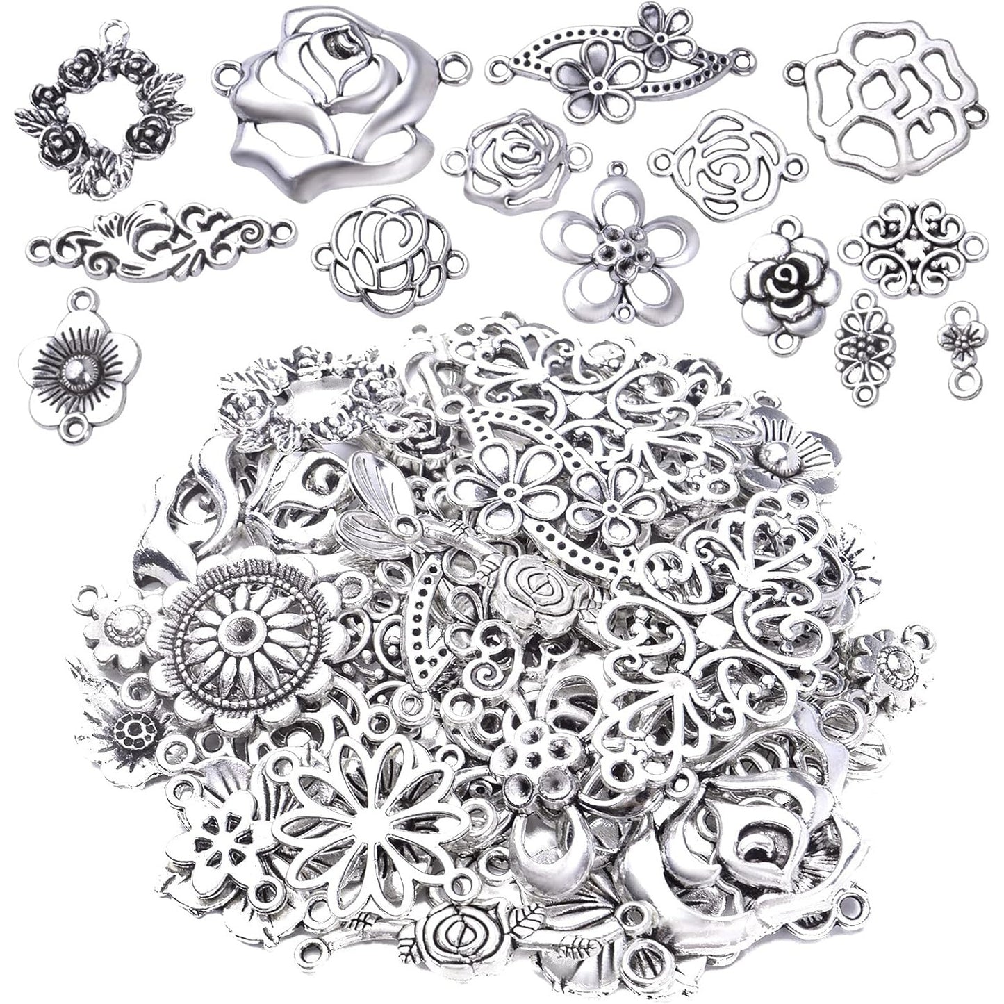 52pcs 26 Styles Flower Connector Charms Tibetan Alloy Rose Flower Pendants Beads Jewelry Connectors for DIY Necklace Bracelet Earrings Jewelry Making, Antique Silver