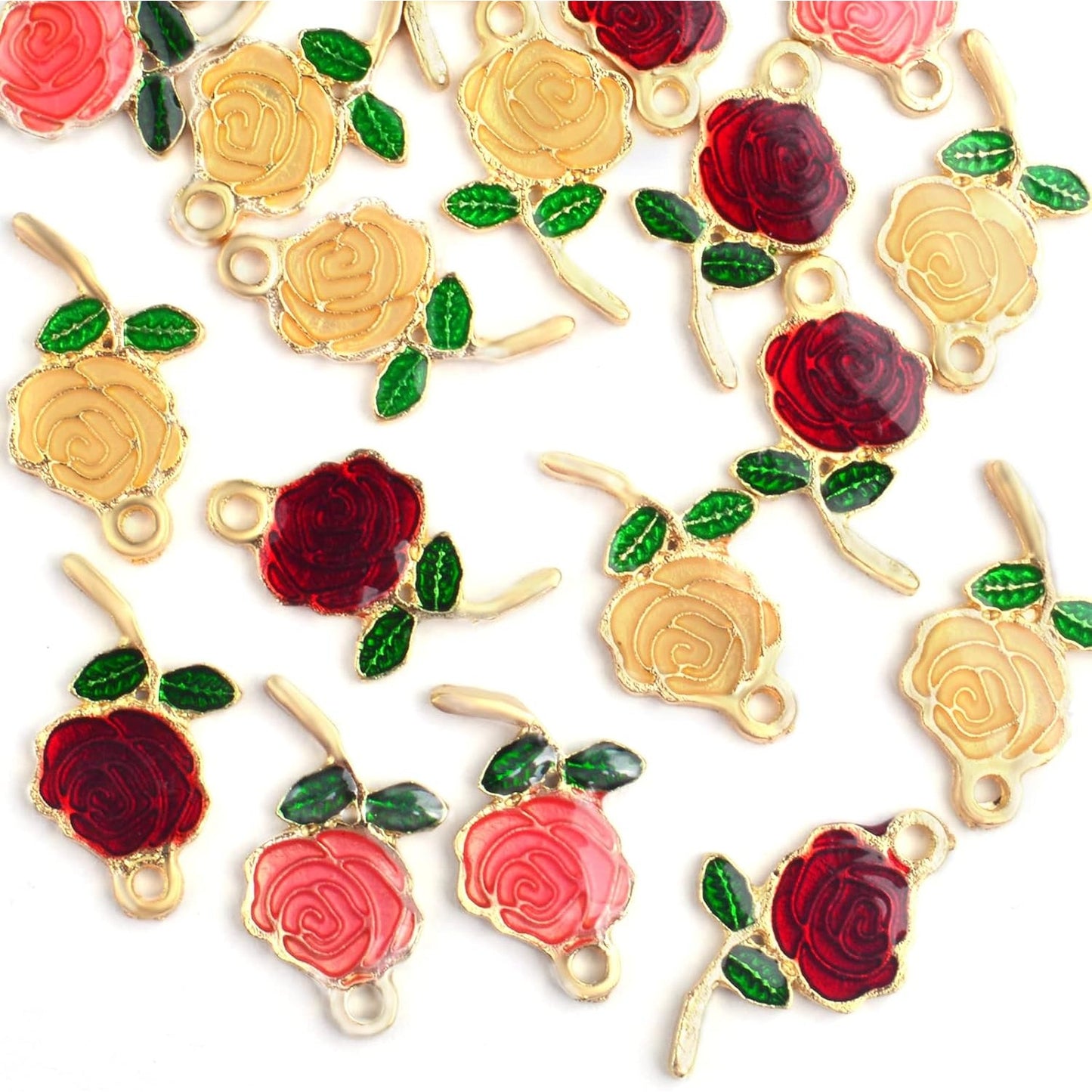 24pcs Enamel Rose Flower Charms Lovely Flower Bead Romantic Dangle Pendants Jewelry Findings for DIY Earrings Necklace Bracelet Valentine's Gifts, 3 Colors