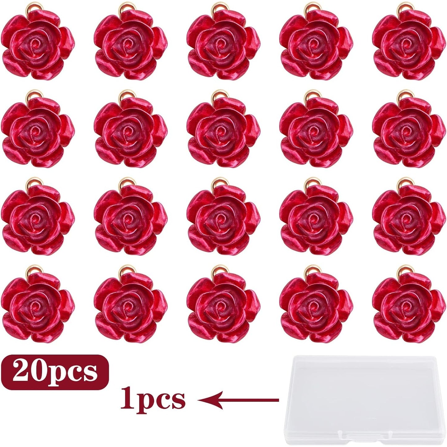 20 Pieces Resin Red Rose Charms Alloy Lovely Roseflower Shaped Dangle Pendants Embellishments with a Box for DIY Necklaces Earrings Jewelry Making Valentine's Gifts