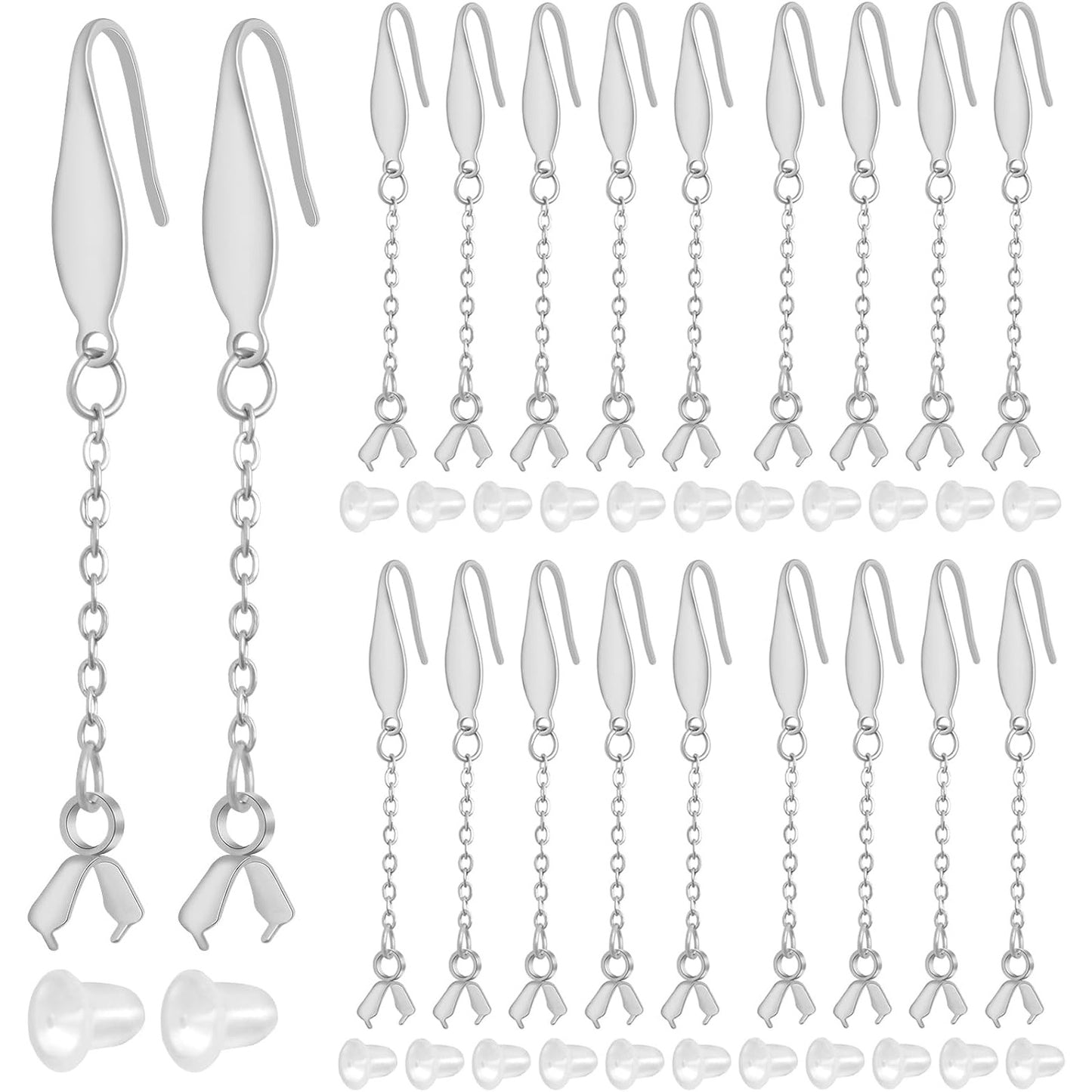 20pcs Stainless Steel French Earring Hooks Hypoallergenic Ear Wire Hooks with Chains Pinch Clasps and 20pcs Silicone Earring Backs for DIY Jewelry Making Supplies