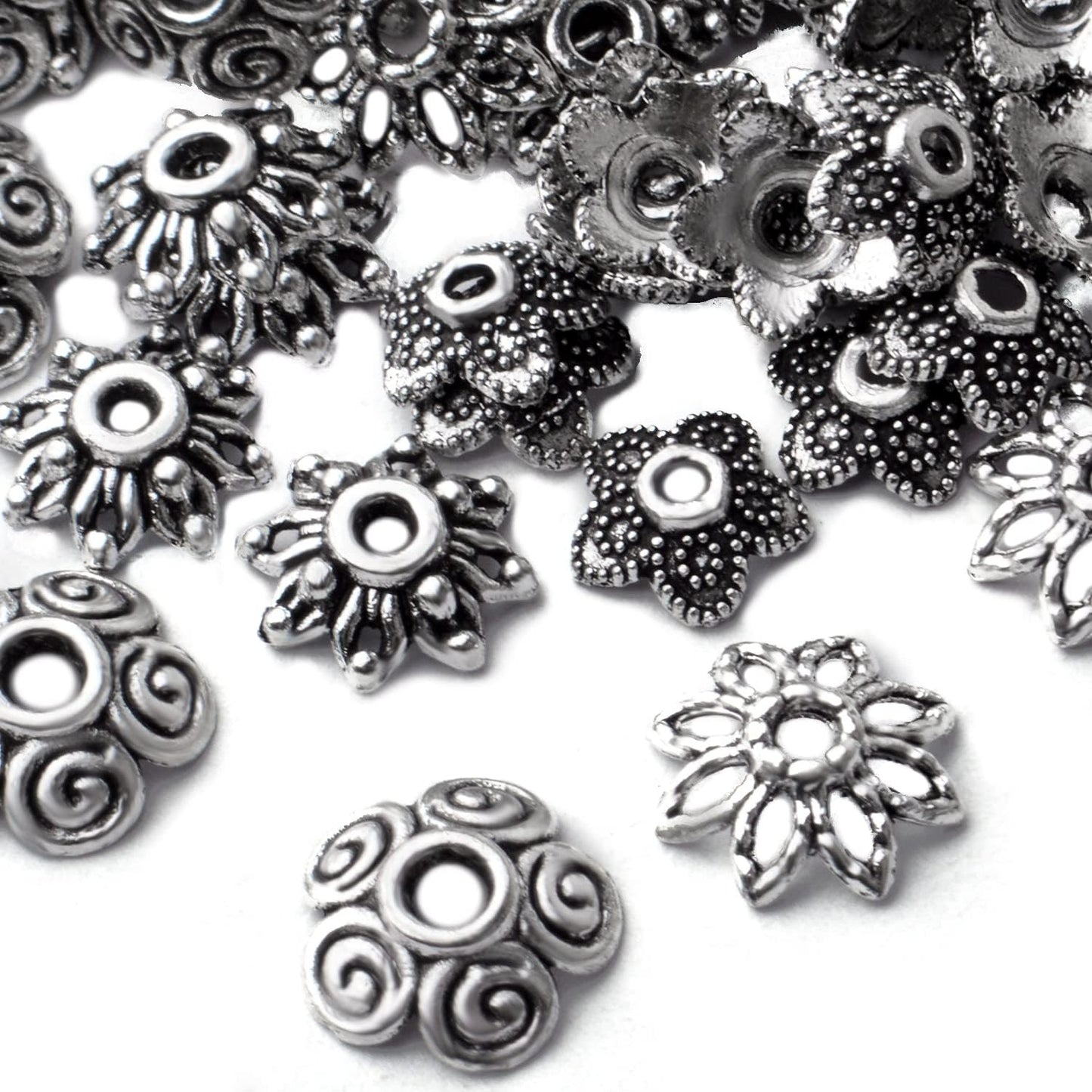 200pcs Spacer Beads Caps,Antique Silver Flower Bead Caps Tibetan Alloy Flower Caps Bead End Caps Loose Beads for DIY Earrings Bracelet Necklace Jewelry Making and Crafting,4 Styles