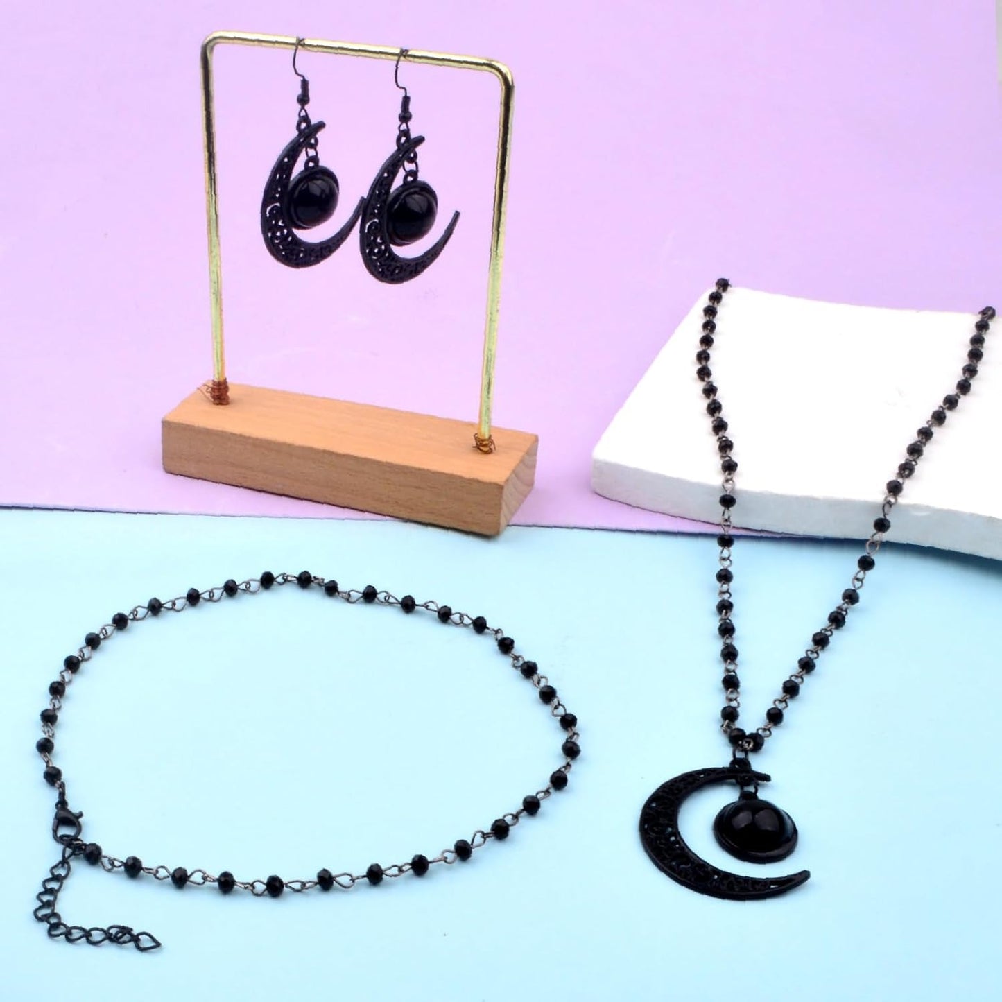 Gothic Y2K Layered Crescent Moon Necklace Black Beaded Pendant Choker Chain Moon Drop Dangle Earrings Goth Jewelry Sets for Women Ladies Halloween Party Costume Accessories