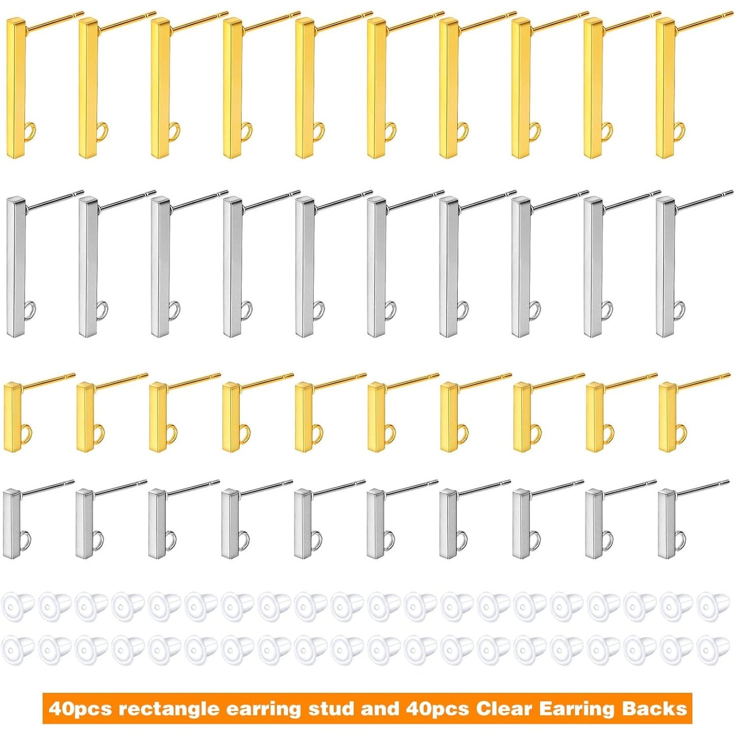 40pcs Stainless Steel Rectangle Earring Studs Hypoallergenic Bar Line Stick Earrings with Loop and 40pcs Clear Silicone Earring Backs for DIY Jewelry Making, 2 Sizes