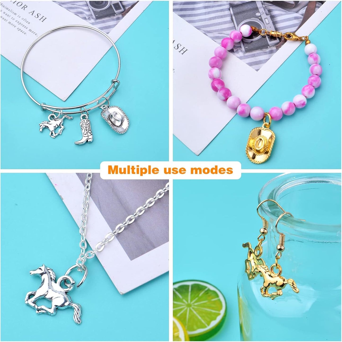 60pcs Silver Western Cowboy Charms Pendants Alloy Horse Cowboy Boot Hat Dangle Charms for DIY Earrings Bracelet Necklace Jewelry Making