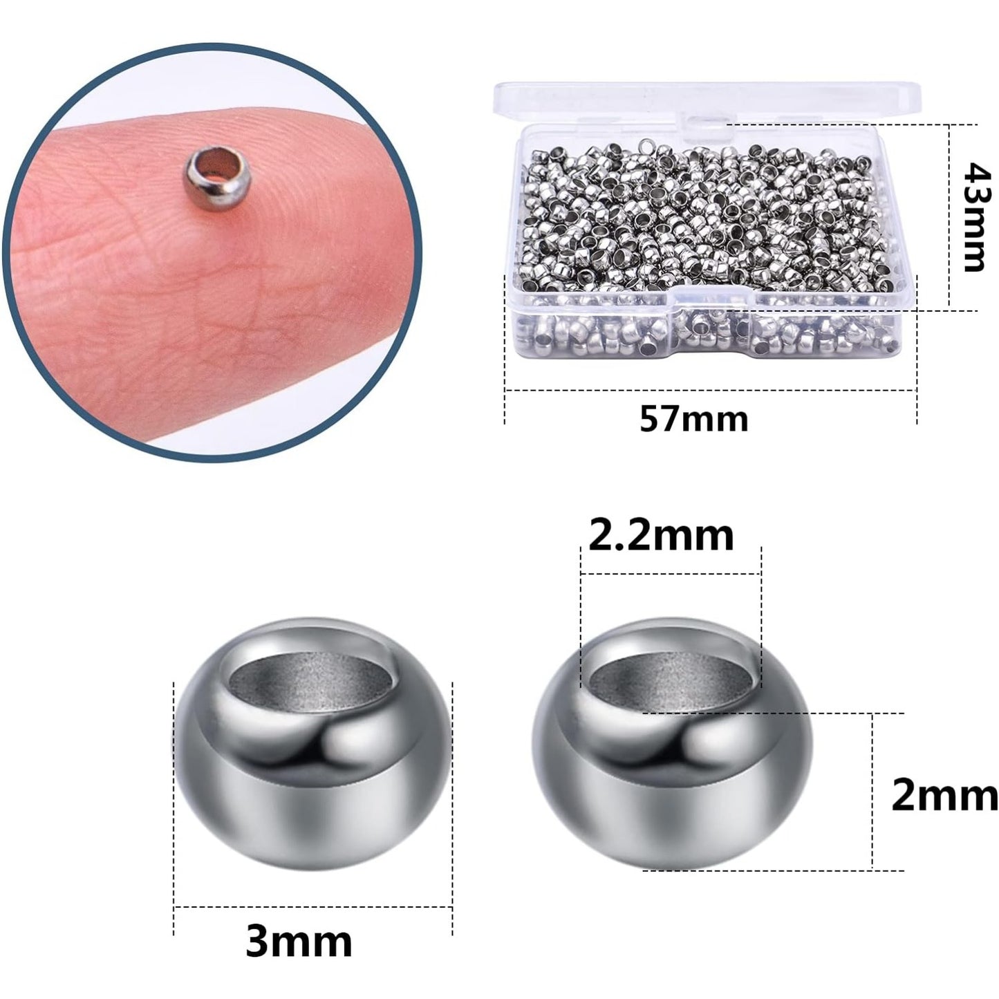 3mm Crimp Beads, 1000pcs Stainless Steel Round Bead Loose Spacer Stoppers Beads Covers with 1pcs Plastic Box for Jewelry Making Bracelets Necklace