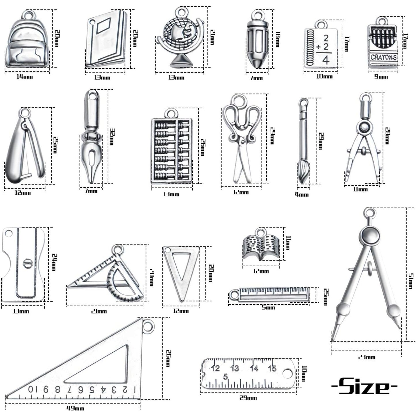 40pcs Craft Supplies Antique Silver Alloy School Teacher Charms Pendant Ruler Pencil Compasses Charm Pendants for DIY Jewelry Making Crafting Findings Accessory