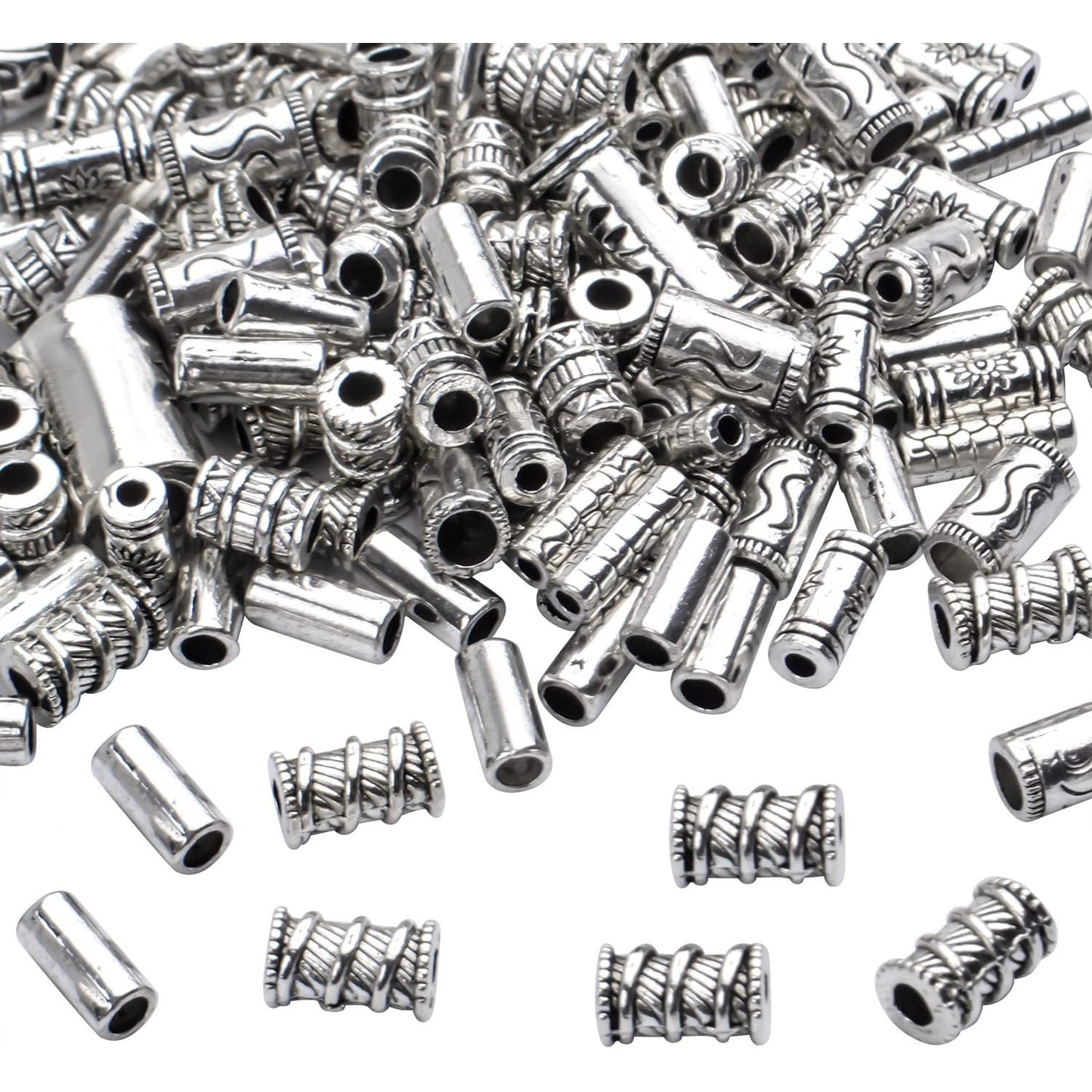 100g (About 80-150pcs) Assorted Column Spacer Beads Tibetan Silver Tube Beads for Bracelet Necklace Jewelry Making Crafts DIY,7 Styles,4-16mm