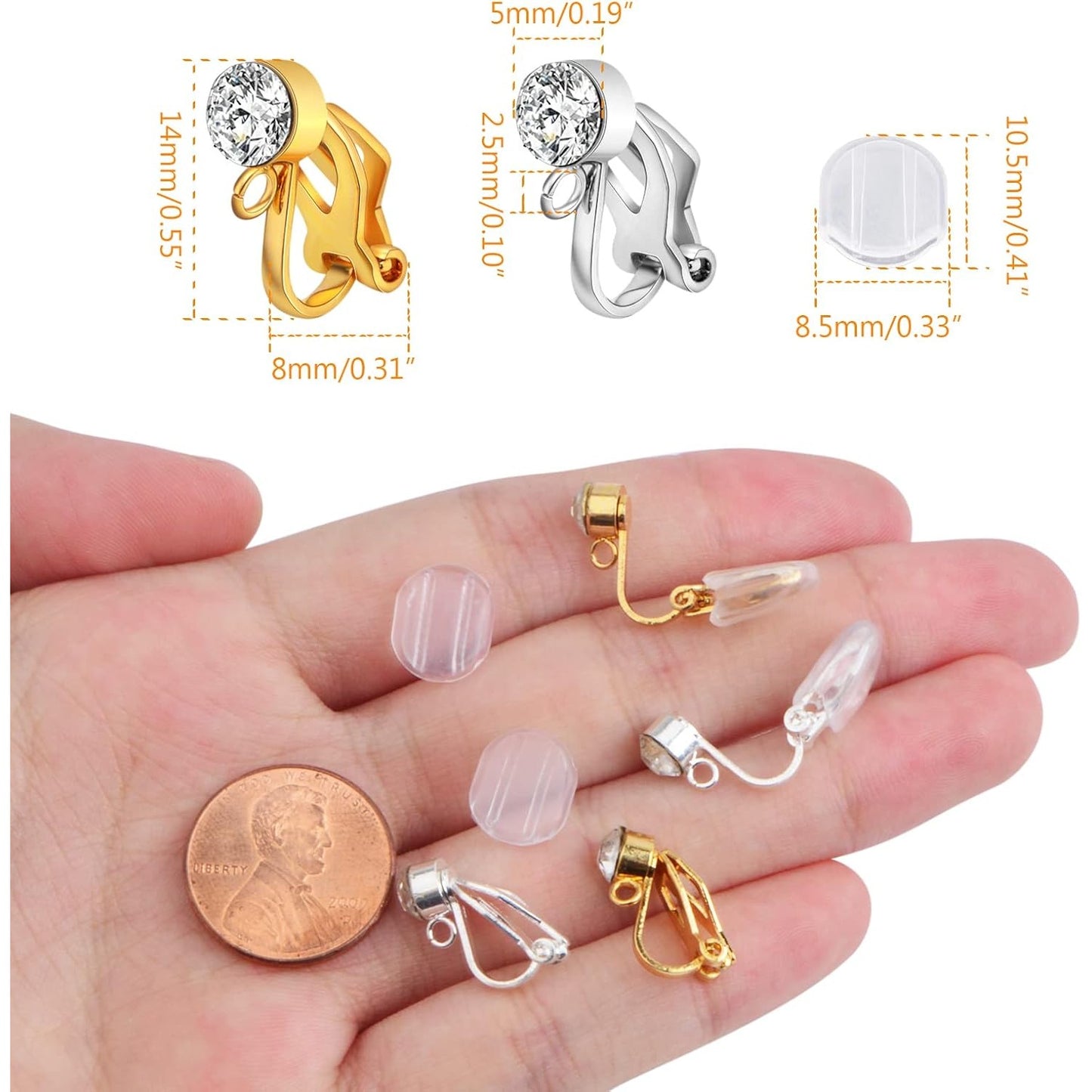 16pcs Clip-on Earring Converters Brass Triangle Earring Clips with Crystal Rhinestone Earring Findings and 16pcs Silicone Ear Pads for Non-Pierced Ears DIY Jewelry Making, 2 Colors