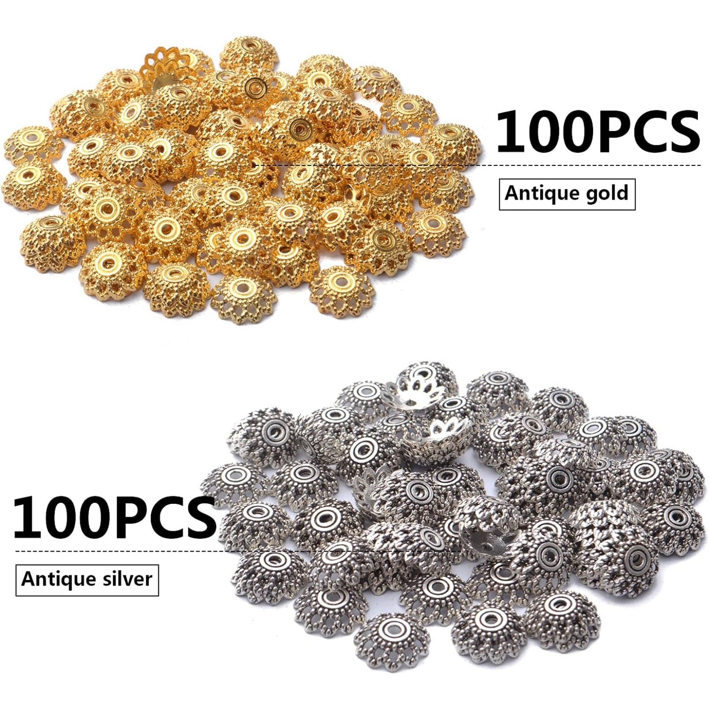 200pcs 12mm Flower Filigree Bead Caps Alloy Spacer Beads Caps Flower End Caps Loose Beads for Bracelet Necklace DIY Jewelry Making Crafts Supplies