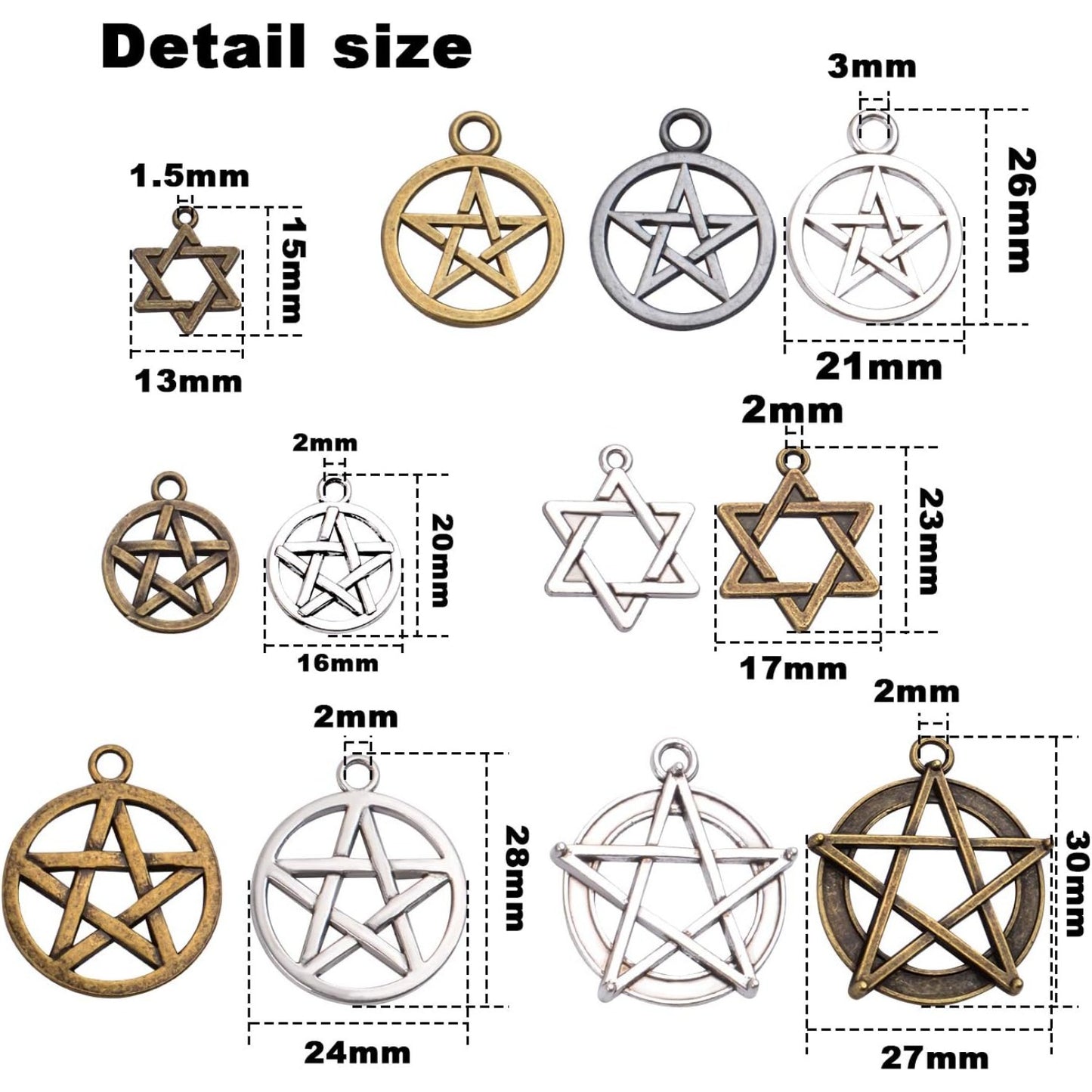48pcs Mixed Pentagram Charms Round Star Pentacle Pendants Antique Jewelry Accessories for Necklace Bracelet Crafting