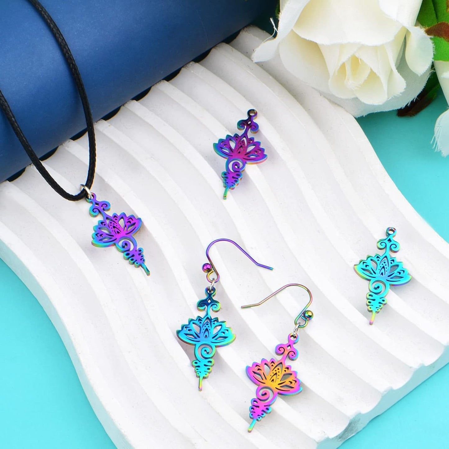 10pcs Stainless Steel Lotus Flower Charms Hollow Lotus Flower Sword Dangle Pendants Craft Supplies for DIY Necklace Bracelet Jewelry Making Findings, Rainbow Color