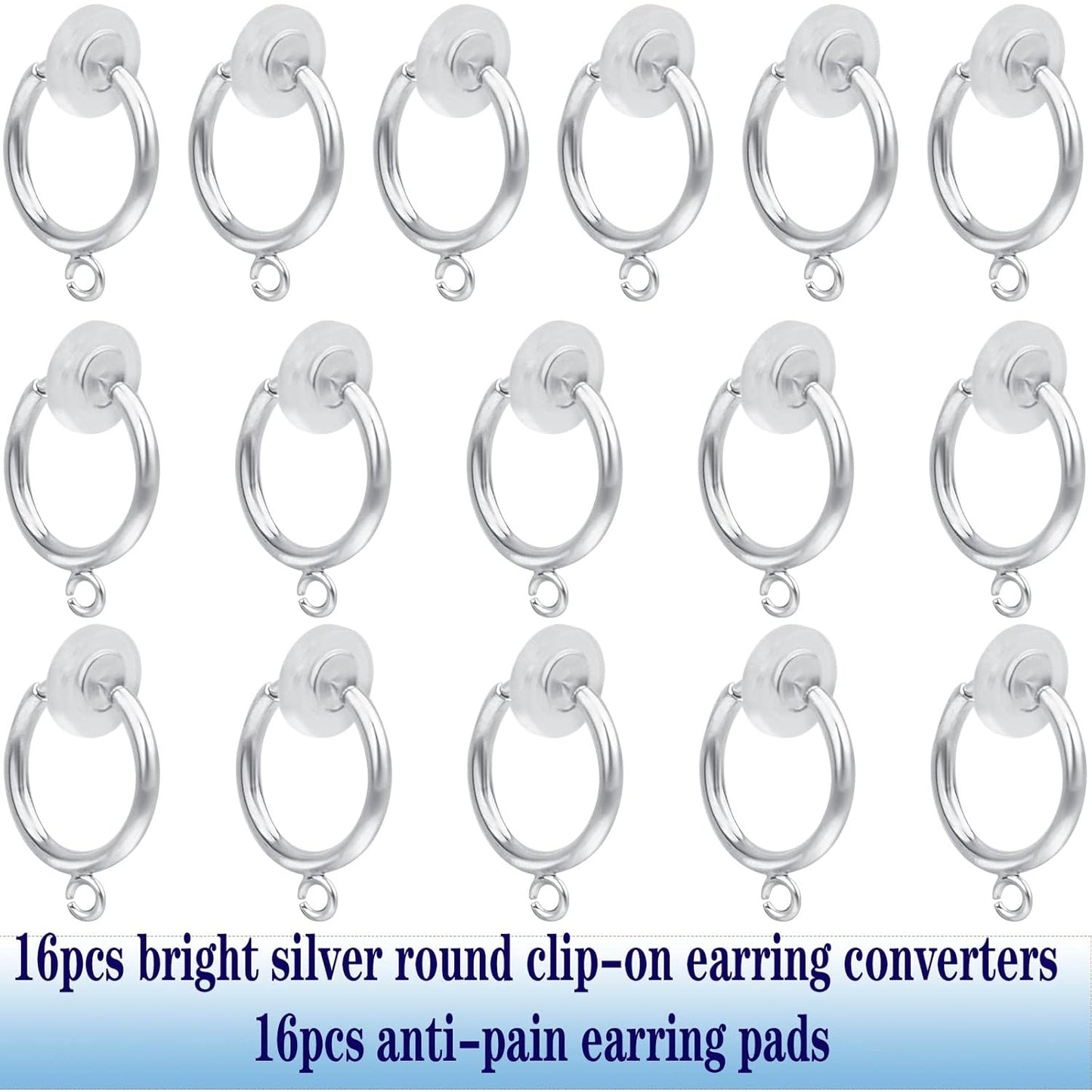 16pcs Brass Clip-on Hoop Earring Converters Round Dangle Ear Clips Classic Earring Findings with Open Loop for Non-Pierced Ears Jewelry Making, Bright Silver