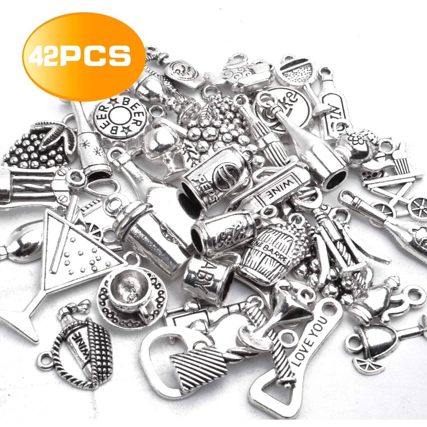 42pcs Tibetan Silver Pendants Wine Bottle Barrel Glass Opener Grape Antique Wine Charms Accessories Jewelry Findings for DIY Necklace Bracelet