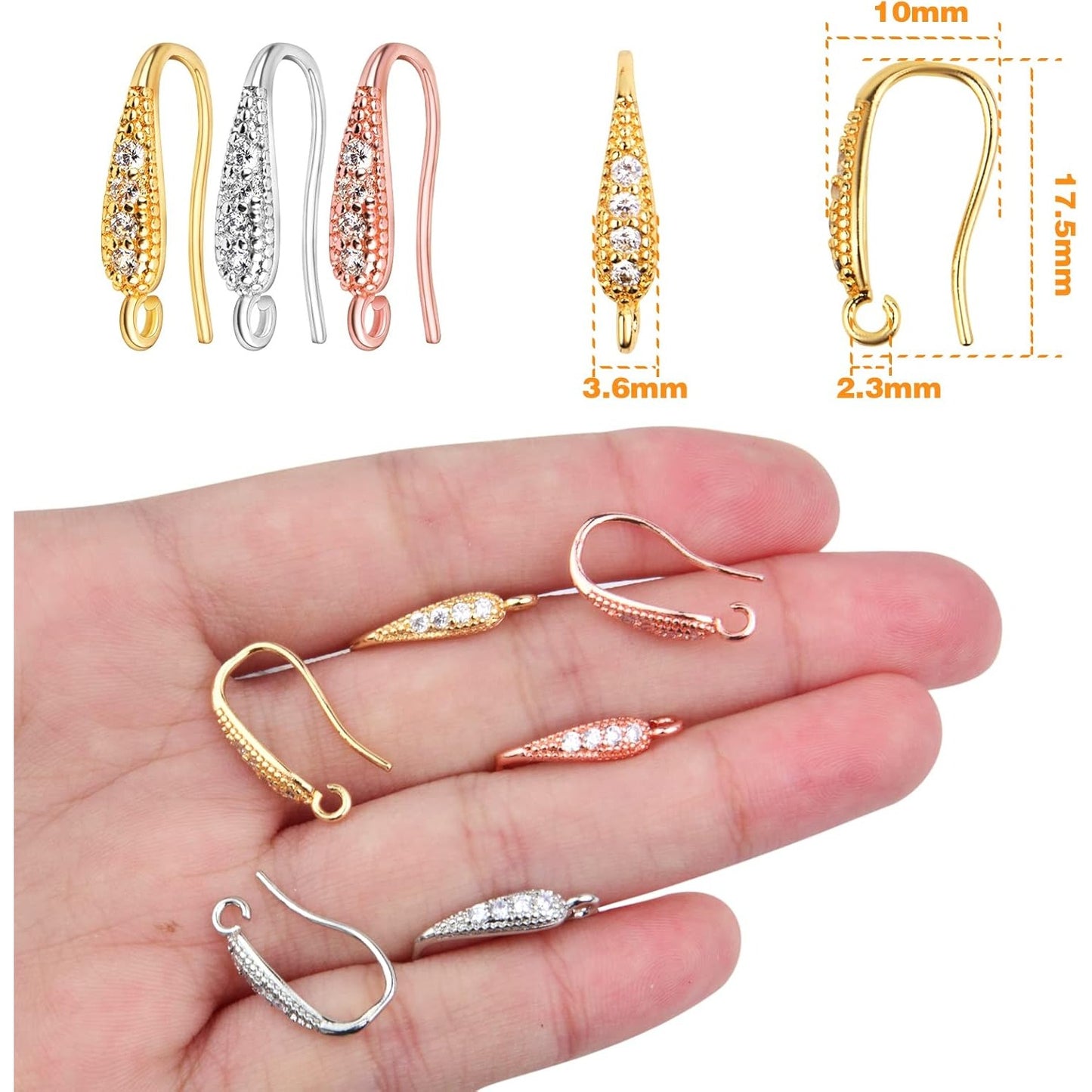 12pcs Cubic Zirconia Earring Hooks Hypoallergenic Brass French Ear Wire Fish Hooks Rhinestone Earrings with Loop for DIY Dangle Earrings Jewelry Making, 3 Colors