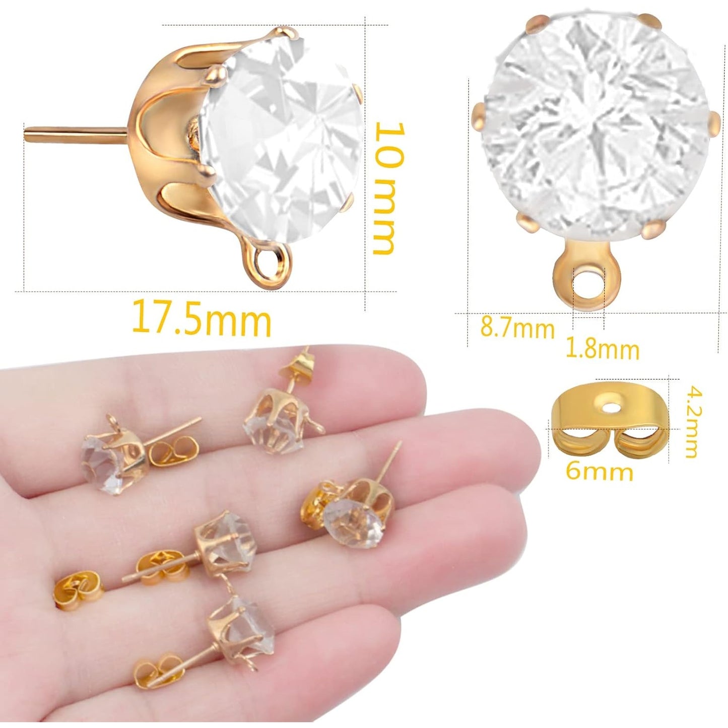60pcs Rhinestone Earrings Posts with Loop Hypoallergenic Crystal Earring Studs and 60pcs Butterfly Earring Backs for DIY Jewelry Making Accessories, KC Golden