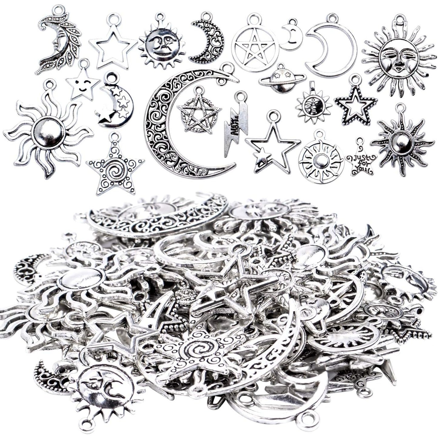 69 Pieces Antique Silver Alloy Moon Star Sun Charms Pendants Celestial Pendants Jewelry Findings for Necklace Bracelet Jewelry Making, 23 Styles