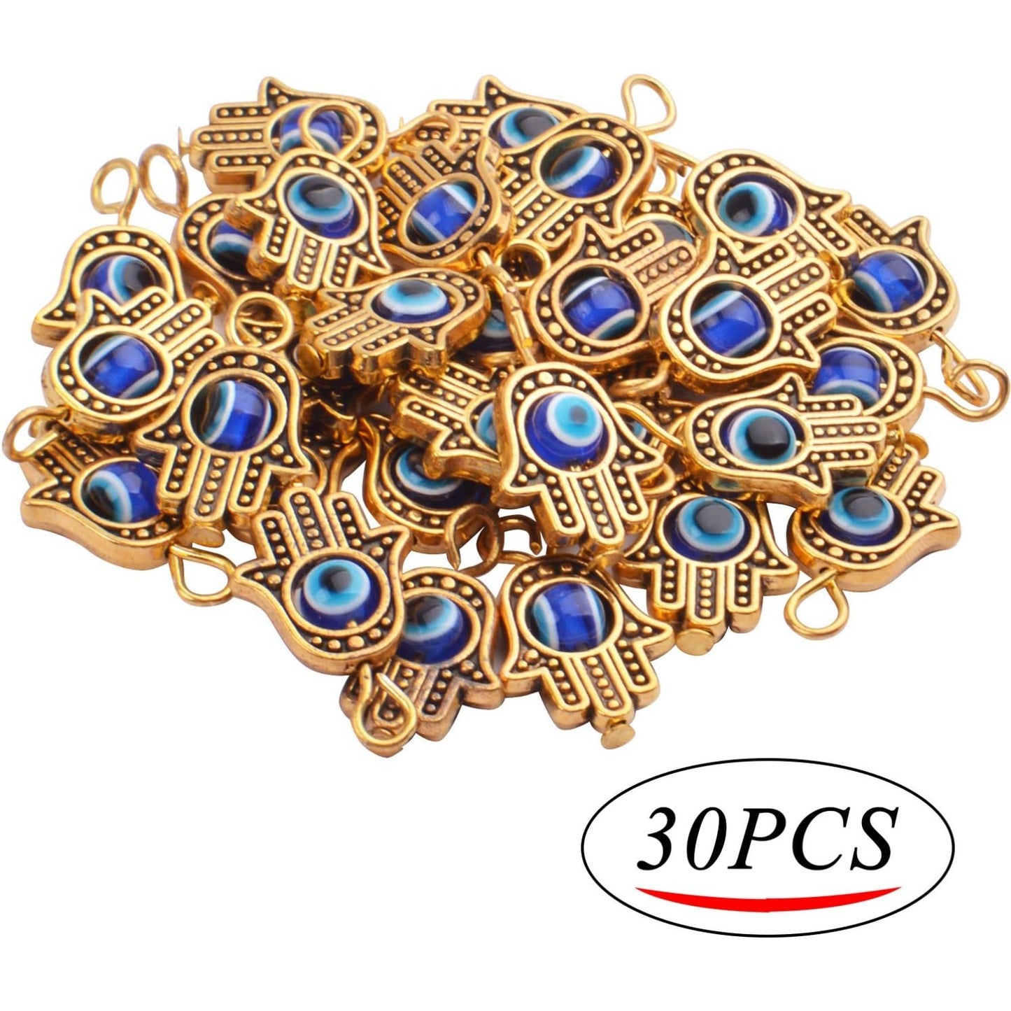 Hamsa Hand Beads Frame Charms,30 Pieces of Hamsa Evil Eye Pendant Hand of Fatima Symbol Charms Jewelry Making Findings for DIY Necklace Bracelet(Gold & Silver & Bronze)