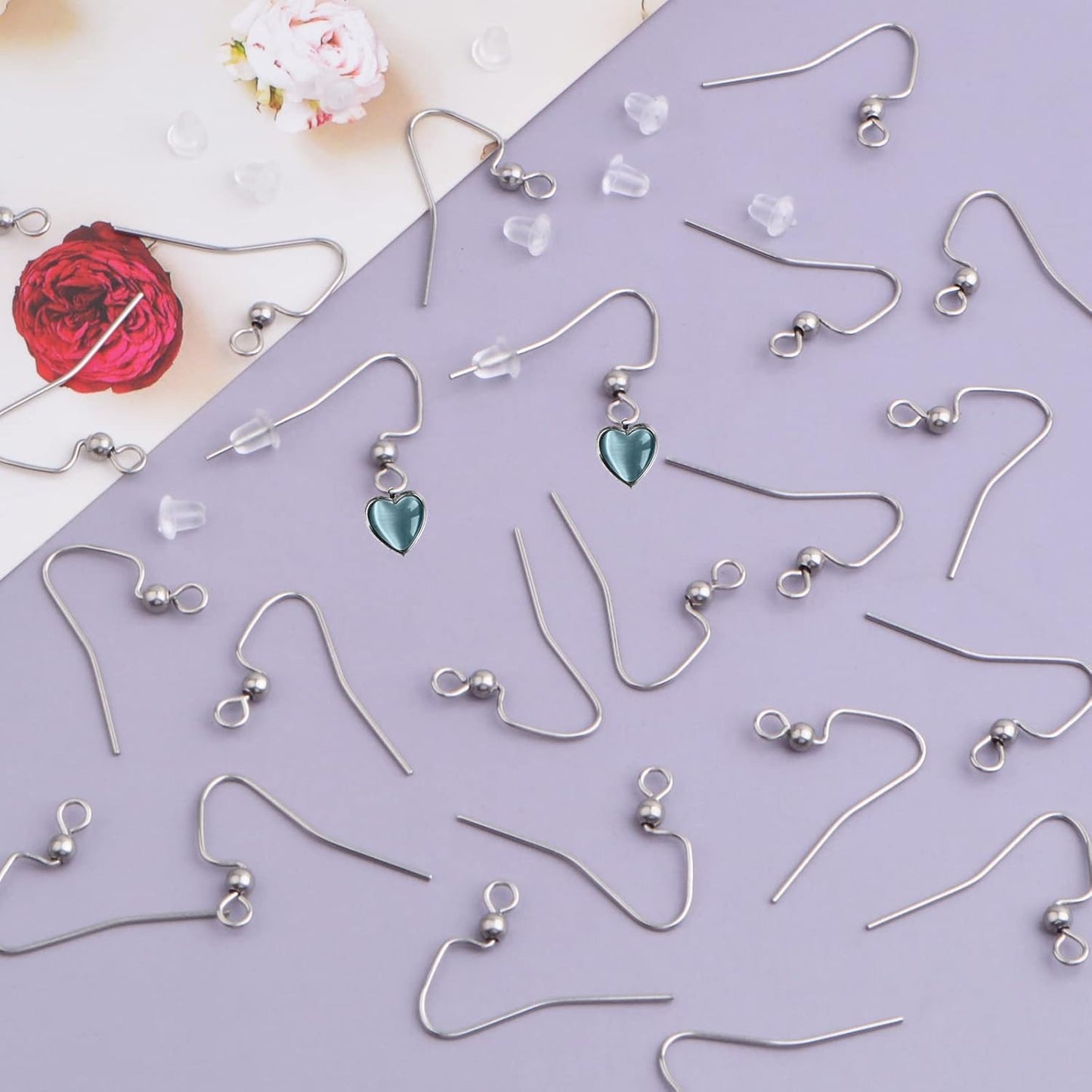 100pcs Stainless Steel Earring Hooks Hypoallergenic French Ear Wire Ball Fish Hooks with 100pcs Clear Earring Safety Backs for DIY Earrings Jewelry Making Supplies