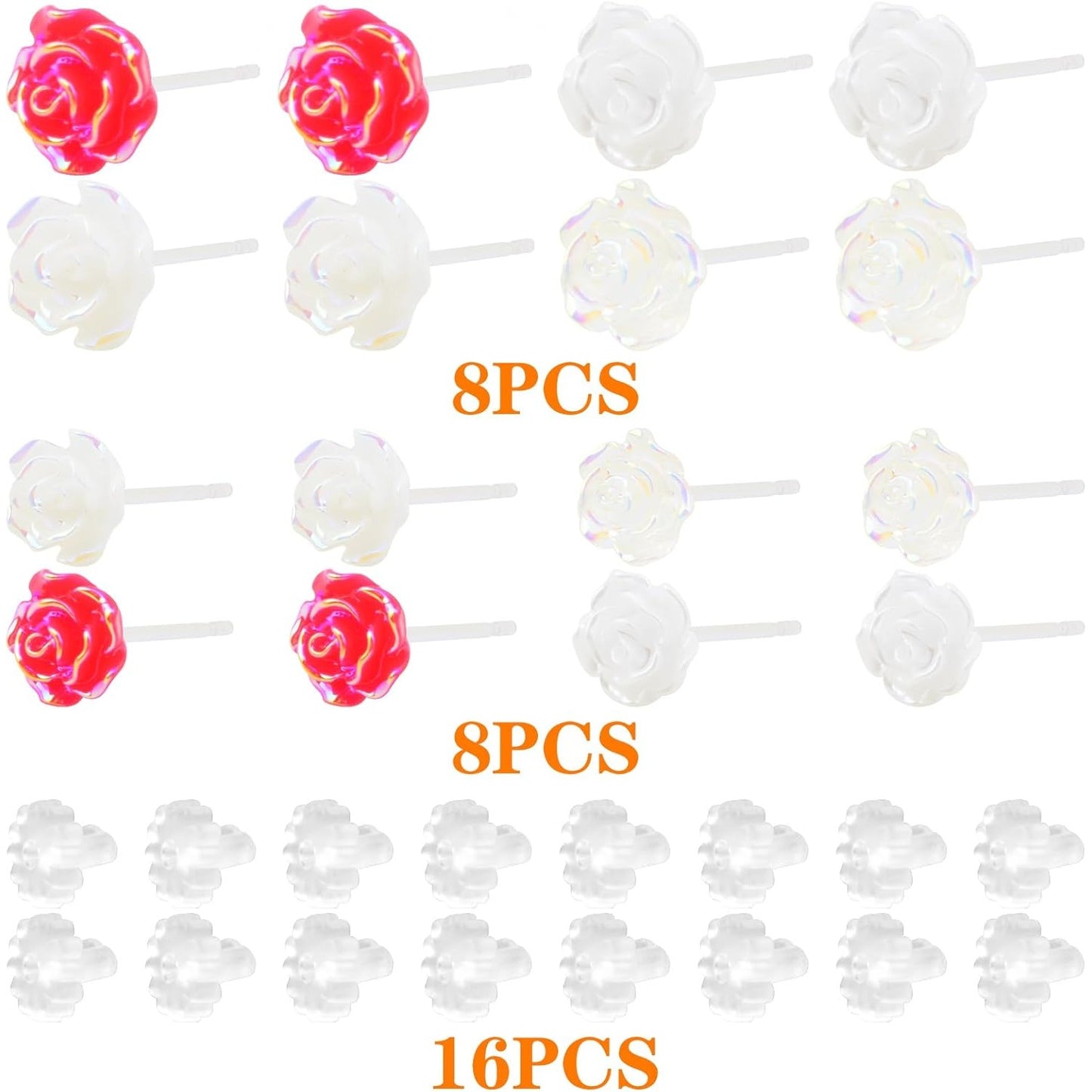 8 Pairs 4 Colors Resin Rose Flower Stud Earrings Romantic Rose Shaped Earring Pin Posts with Soft Earring Backs for Sensitive Ears DIY Jewelry Making Supplies, 6 mm/8 mm