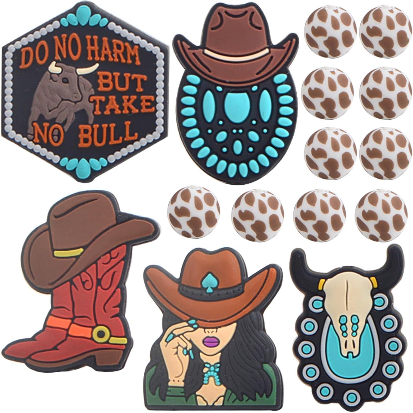 15Pcs Western Cowboy Silicone Beads Cute Hat Boot Cowgirl Animal Round Cow Printed Rubber Spacer Beads Bulk for Necklaces Bracelets Keychain DIY Jewelry Making Crafts