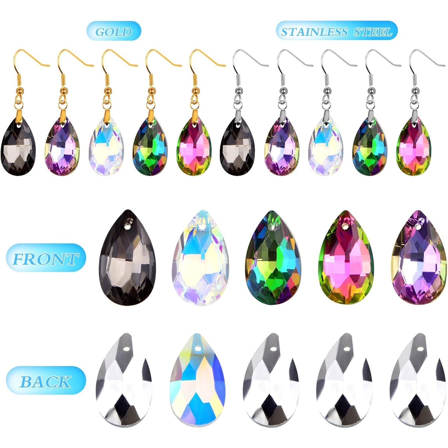 20pcs Hypoallergenic Earring Hooks Stainless Steel French Earwire Ear Ball Hooks with Pinch Bail Clasps and 20pcs Colorful Teardrop Crystal Pendants for DIY Earring Jewelry Making