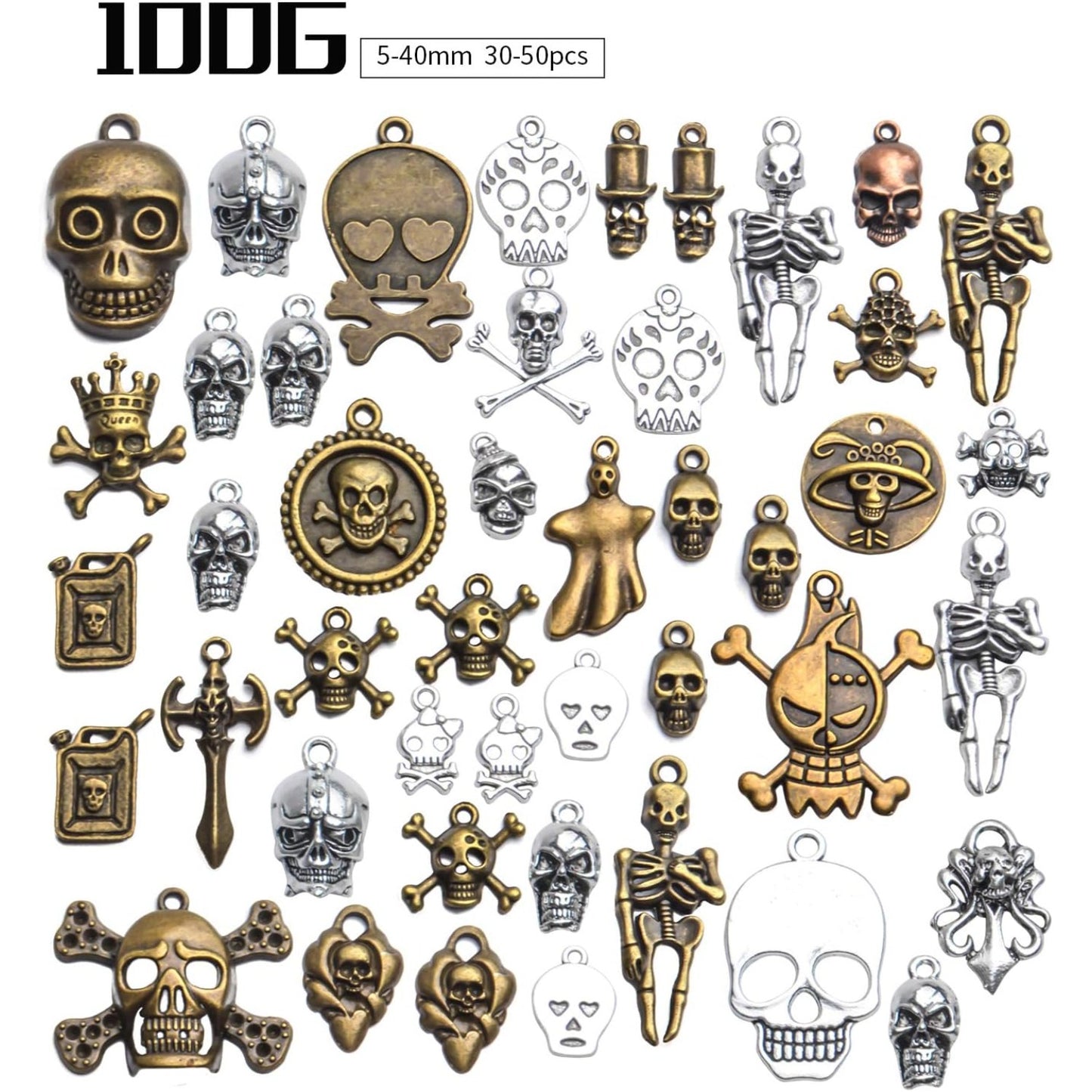 Skull Charms Accessory, 100g(About 30-50pcs) Multistyle Skull Head Charm Skeleton Bone Pendant Steampunk Halloween Charms Pendants for DIY Necklace Bracelet Jewelry Making Findings