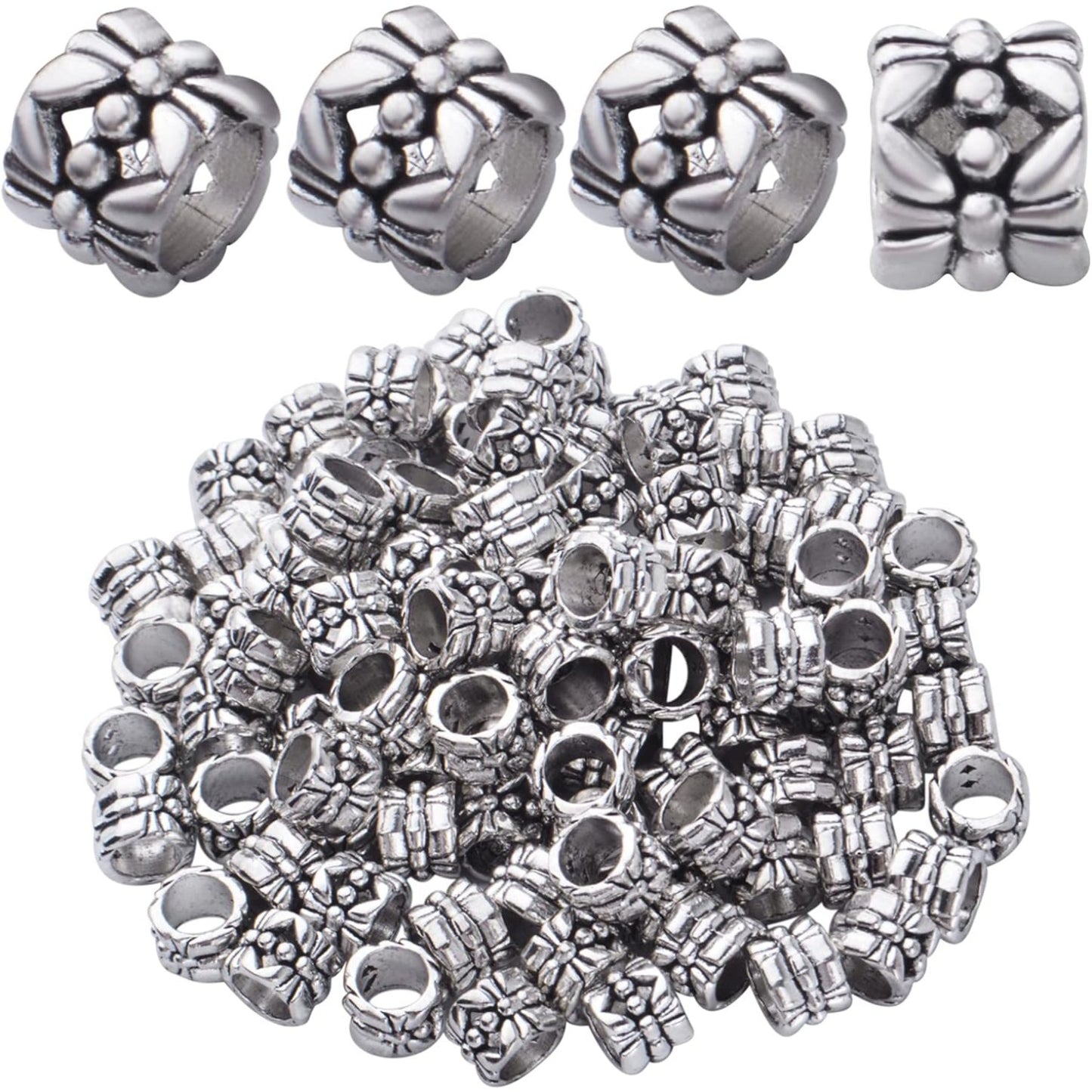100pcs Large Hole Antique Silver Flower Bead Spacers Alloy Tube Beads for DIY Necklace Bracelet Jewelry Craft Making Accessory
