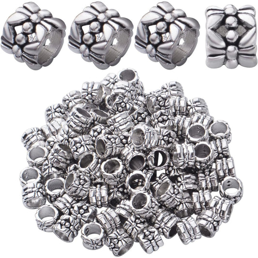 100pcs Large Hole Antique Silver Flower Bead Spacers Alloy Tube Beads for DIY Necklace Bracelet Jewelry Craft Making Accessory