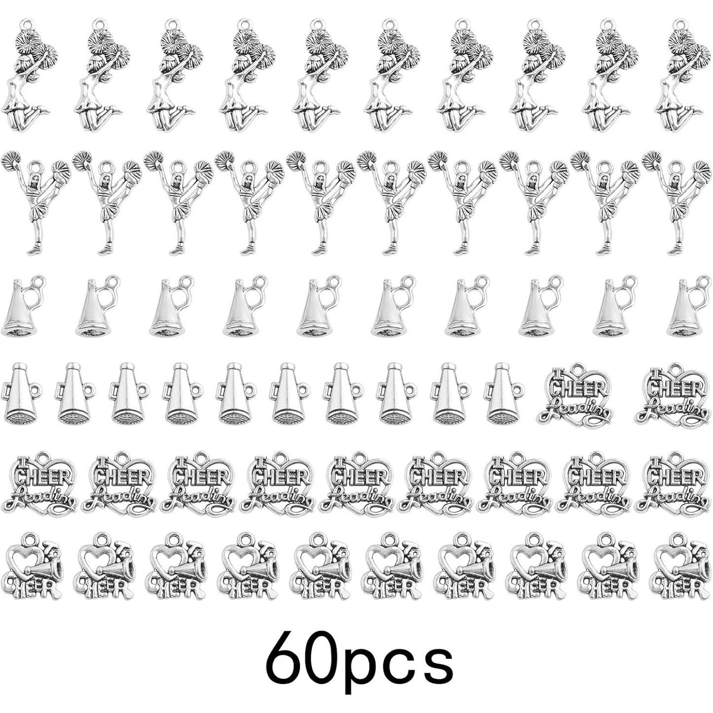 60pcs 6 Styles Antique Silver Cheerleading Theme Charms Tibetan Alloy Gymnastics School Sports Pendants Collection for DIY Necklace Bracelet Jewelry Making Supplies