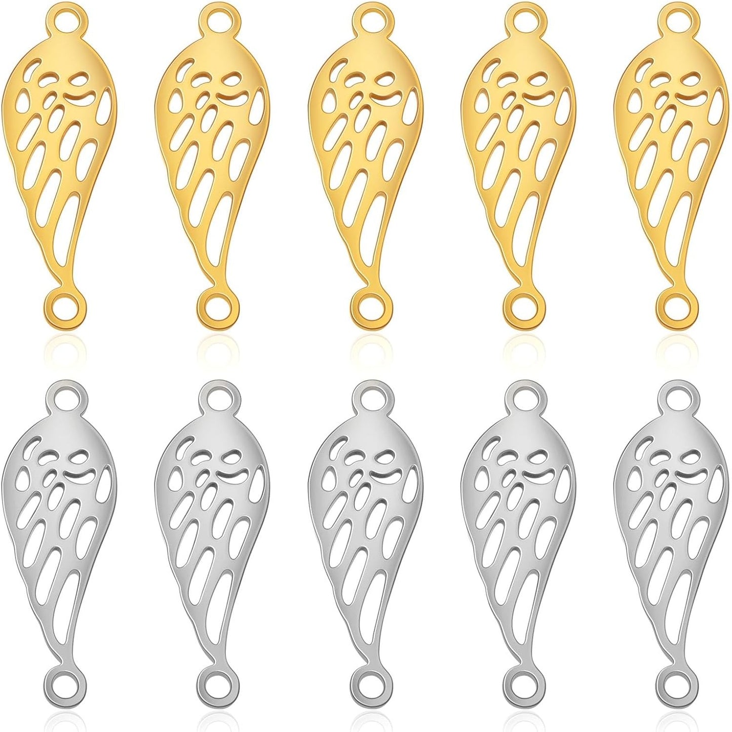 10pcs 2 Colors Hypoallergenic Angel Wings Charms Stainless Steel Feather Fairy Wing Pendants with 2 Holes Craft Supplies for DIY Bracelet Necklace Earrings Jewelry Making