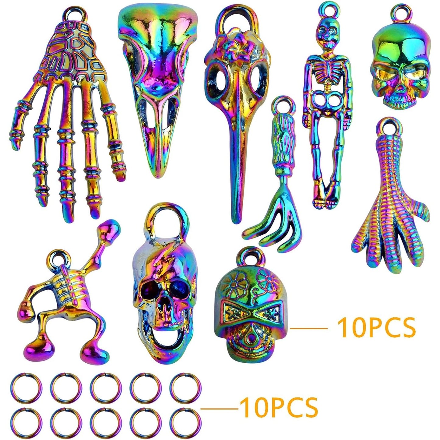 10pcs 10 Styles Rainbow Color Skull Head Charms Collection Alloy Halloween Skeleton Bone Pendants and 10pcs Open Jump Rings for DIY Bracelet Keychains Crafts Jewelry Making