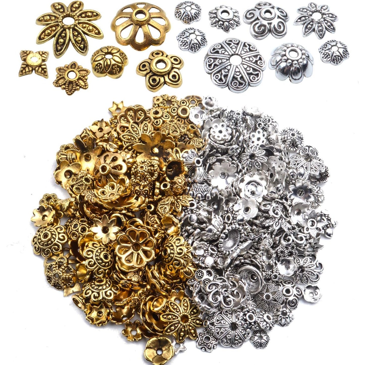 100g (200-350pcs) Mixed Metal Flower Bead Caps Spacer Beads Bali Style Jewelry Findings for DIY Crafting Jewelry Making, Antique Gold and Antique Silver