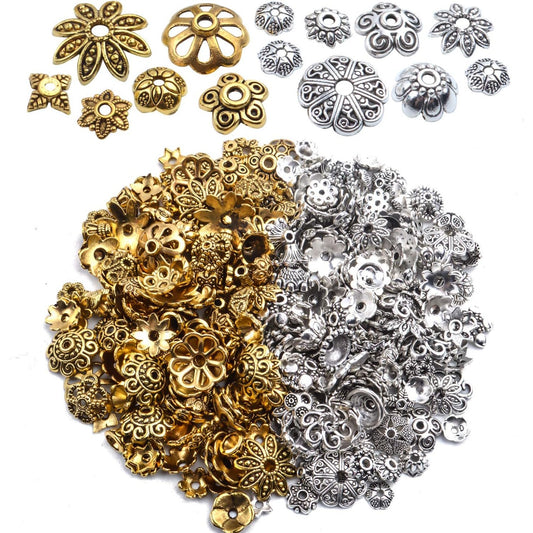 100g (200-350pcs) Mixed Metal Flower Bead Caps Spacer Beads Bali Style Jewelry Findings for DIY Crafting Jewelry Making, Antique Gold and Antique Silver
