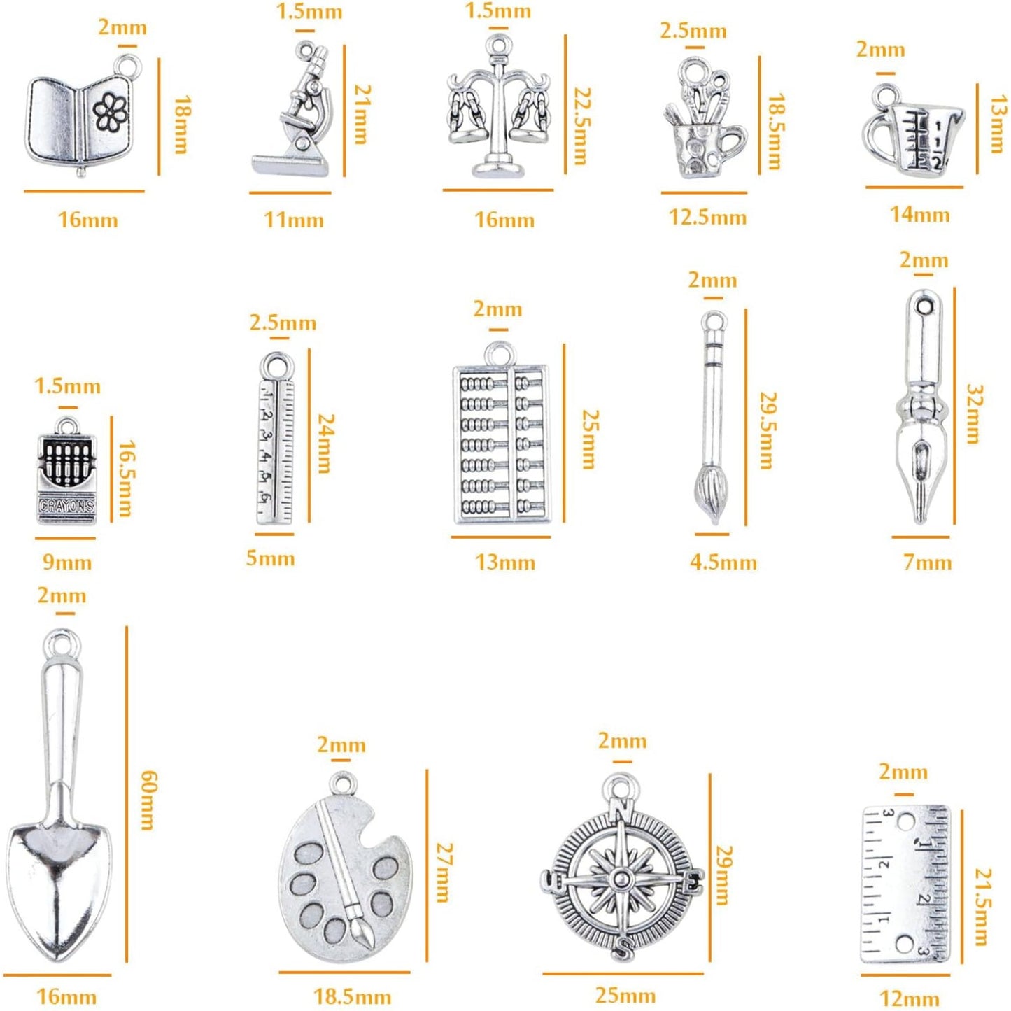 42pcs Antique Silver School Theme Charms Tibetan Alloy Mixed Ruler Writing Brush Pen Abacus Compasses Pendants Study Supplies for DIY Crafts Jewelry Making, 14 Styles