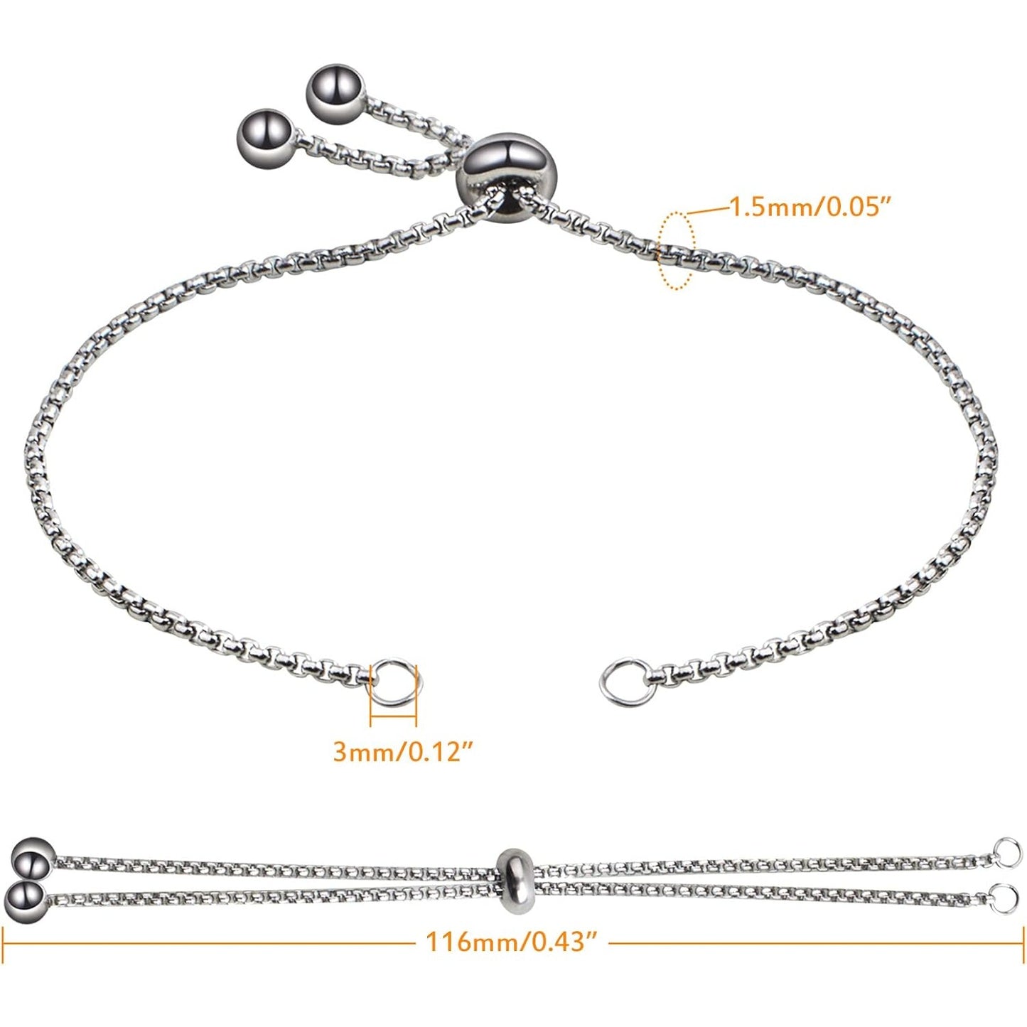 5 Pieces 116 mm Stainless Steel Adjustable Slider Bracelets Hypoallergenic Slider Bracelet Extender Chains with Ball Ends for Women Girls Semi Finished DIY Jewelry Making